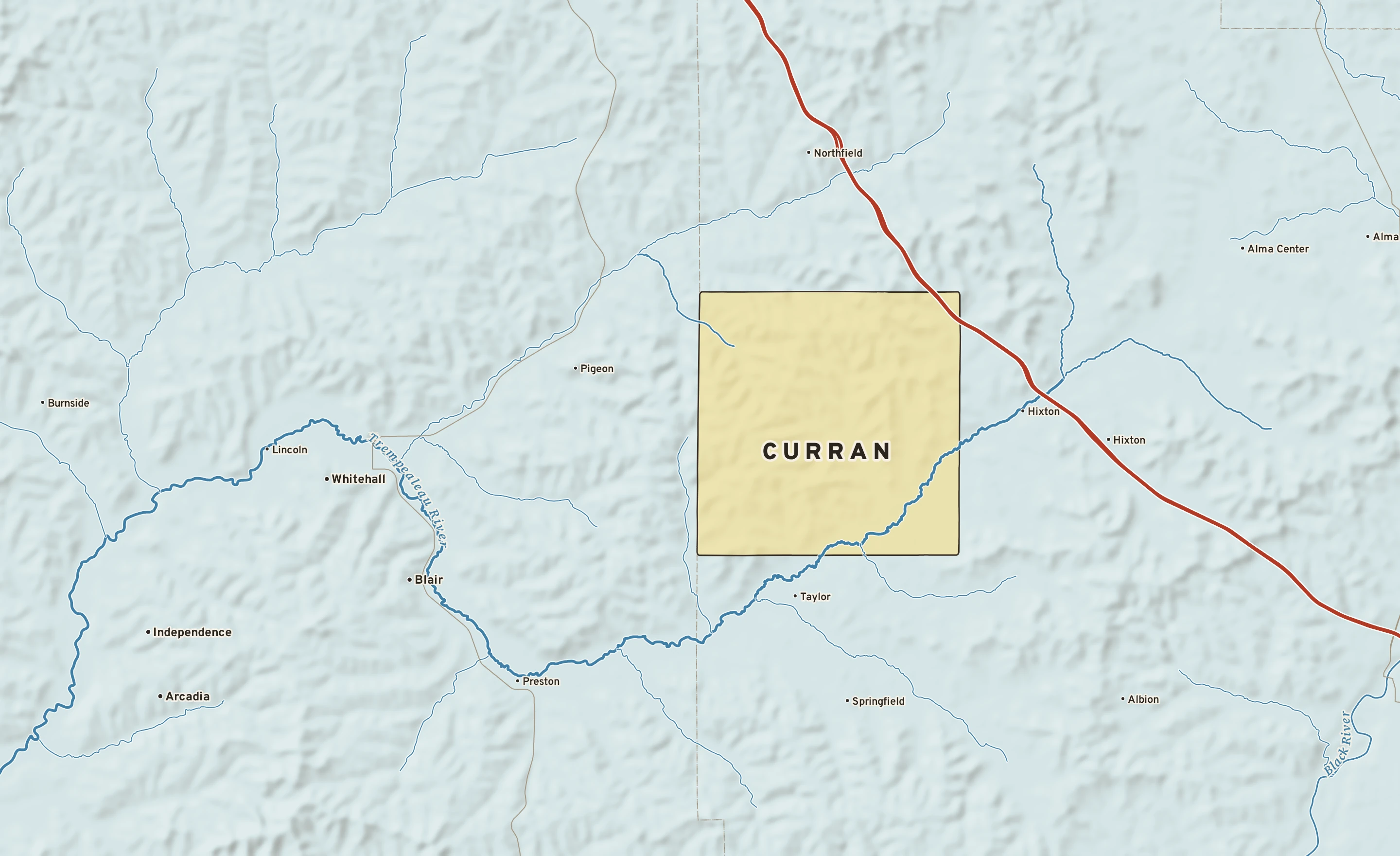 Shaded-relief atlas plate of Curran, Wisconsin: rivers, roads, the city limits and where the water drains.