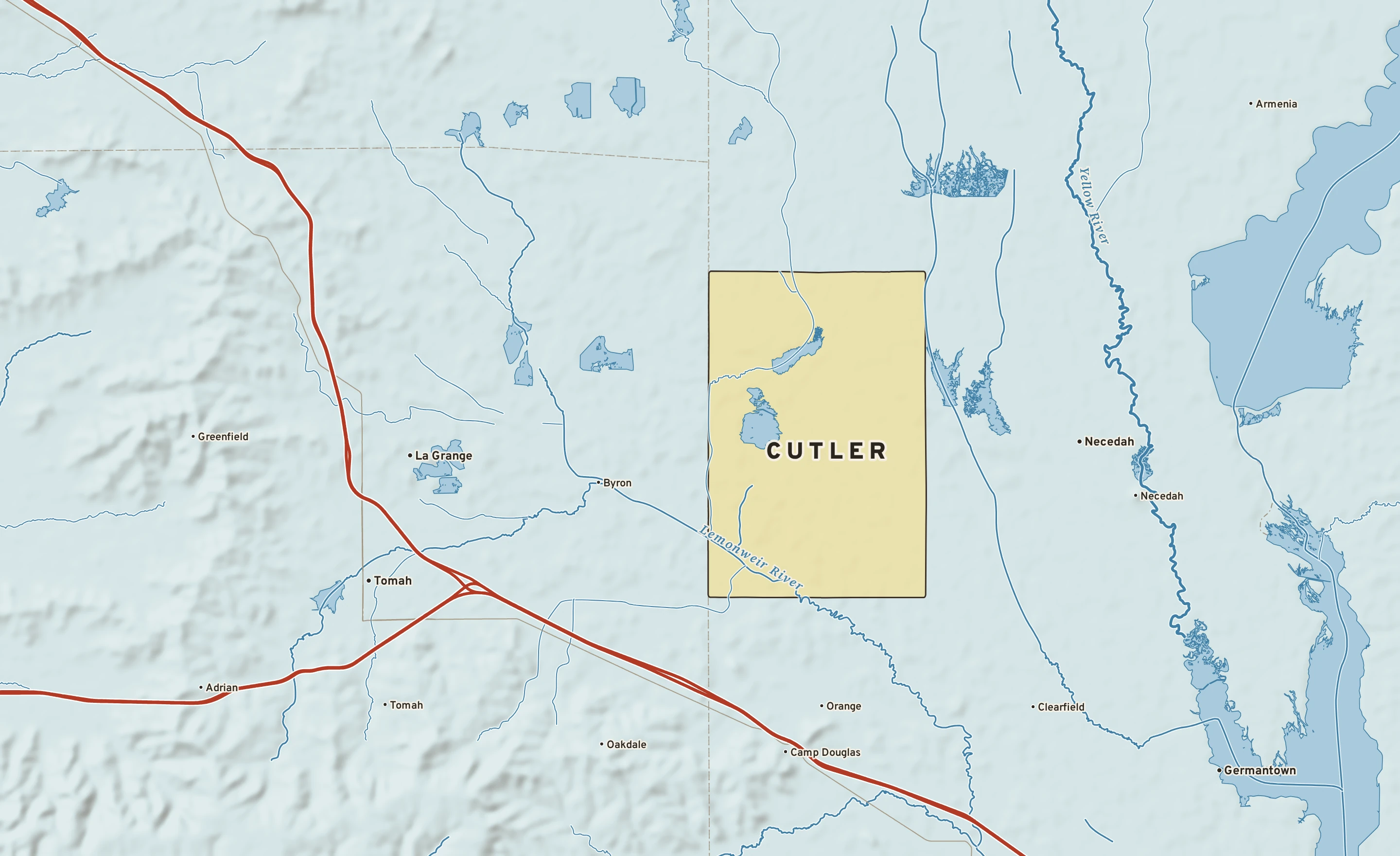Shaded-relief atlas plate of Cutler, Wisconsin: rivers, roads, the city limits and where the water drains.