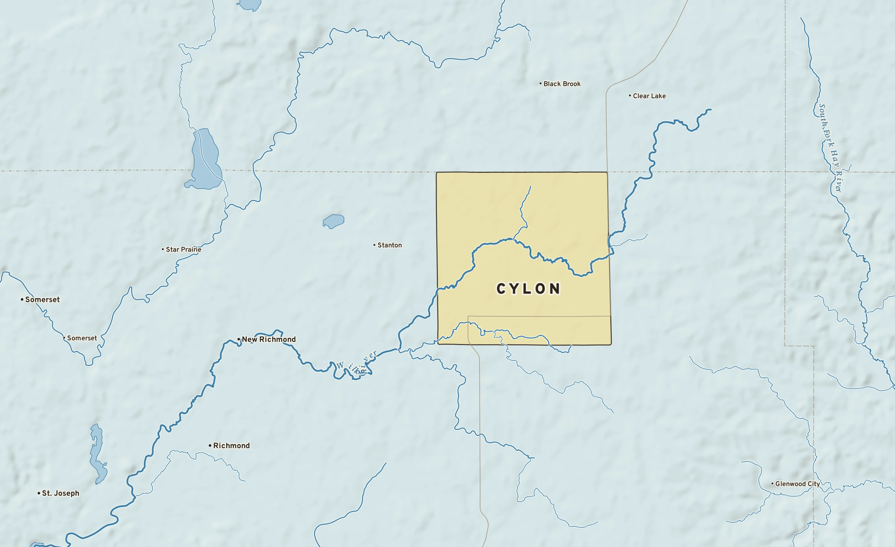 Shaded-relief atlas plate of Cylon, Wisconsin: rivers, roads, the city limits and where the water drains.