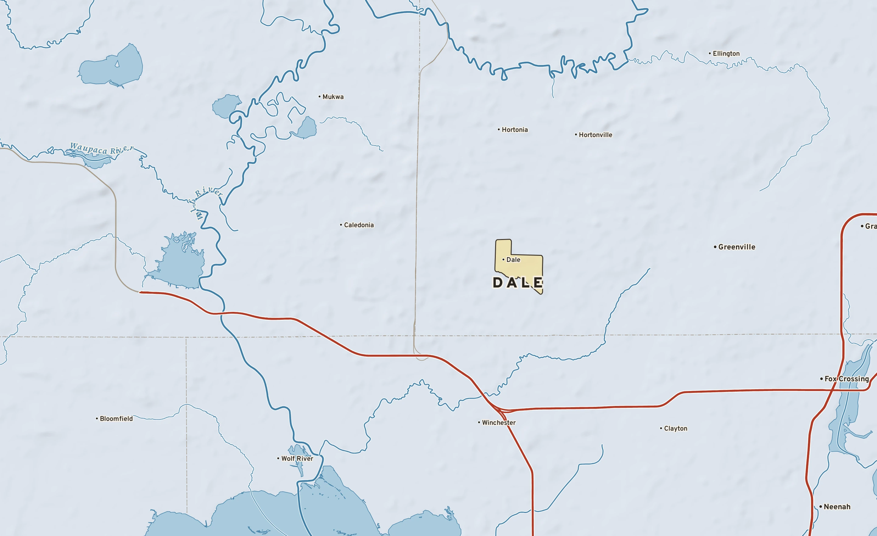 Shaded-relief atlas plate of Dale, Wisconsin: rivers, roads, the city limits and where the water drains.