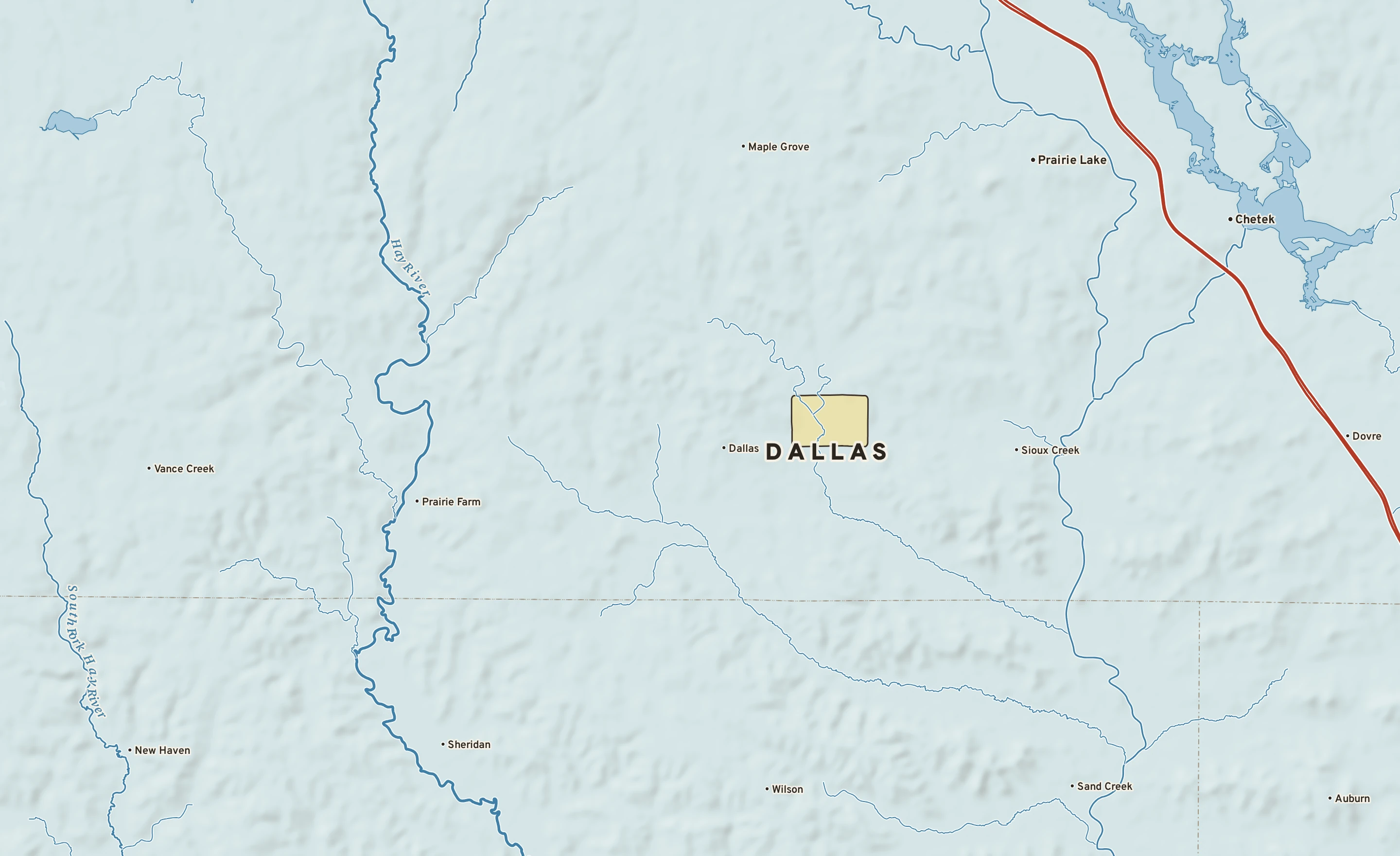 Shaded-relief atlas plate of Dallas, Wisconsin: rivers, roads, the city limits and where the water drains.