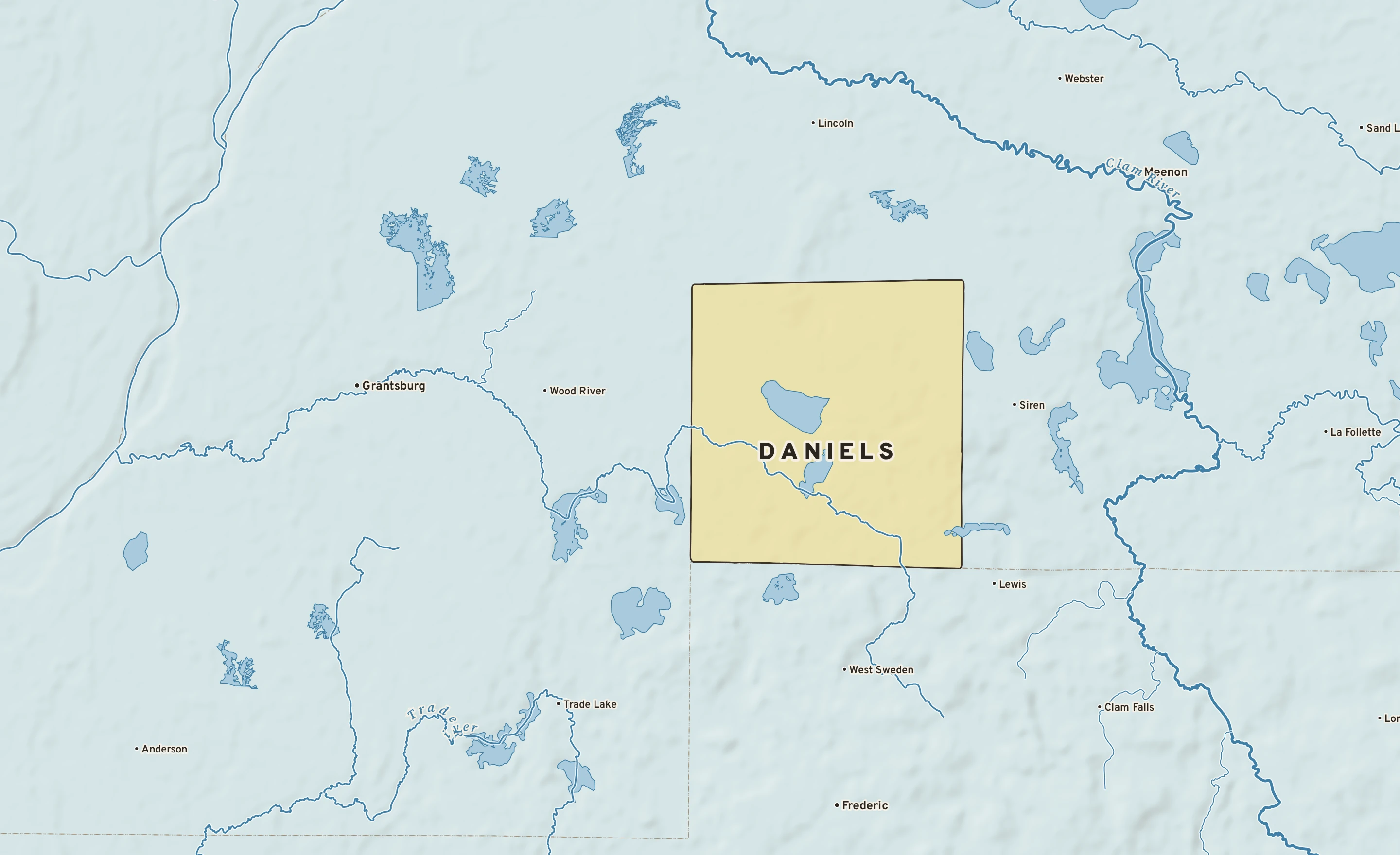 Shaded-relief atlas plate of Daniels, Wisconsin: rivers, roads, the city limits and where the water drains.