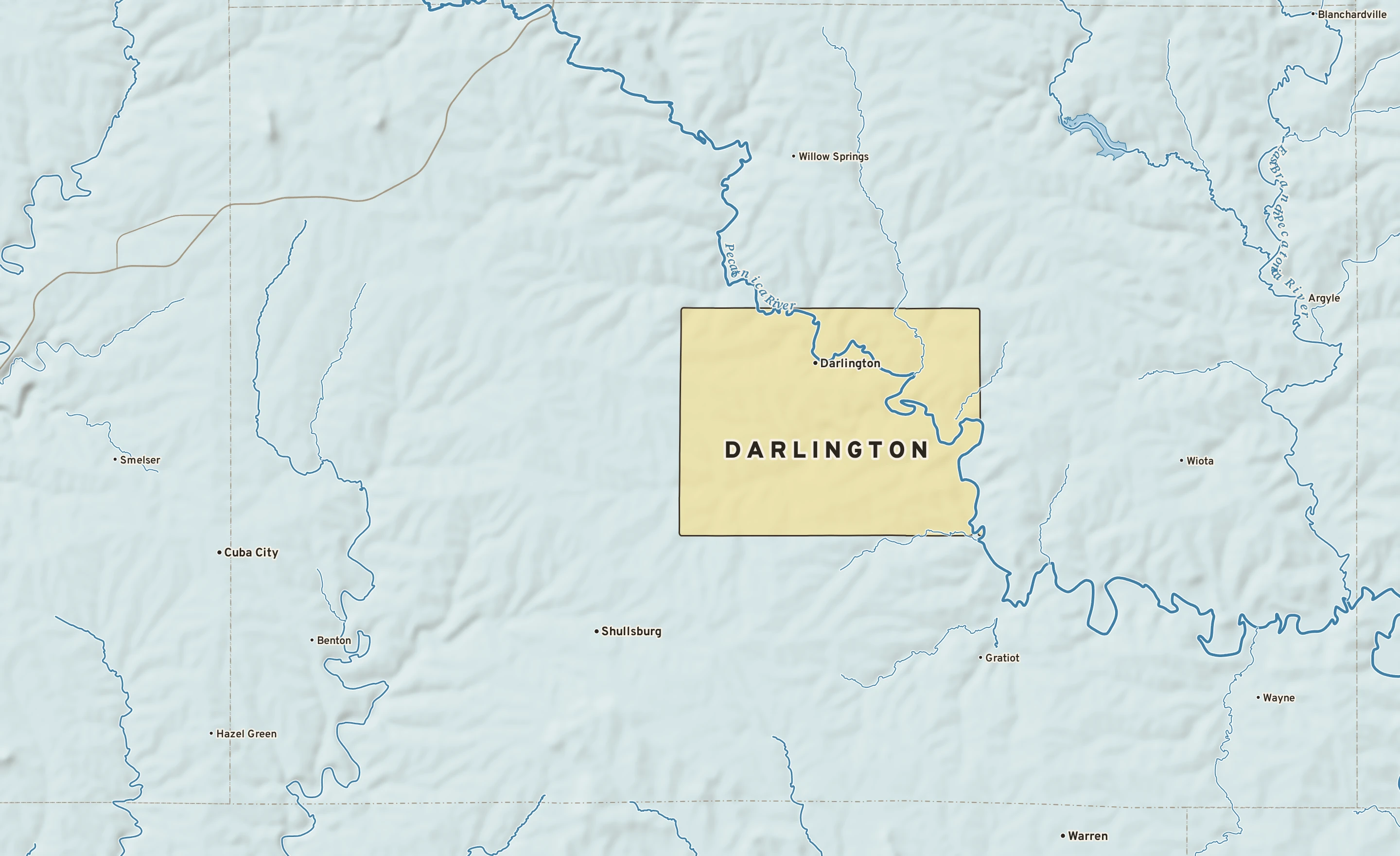 Shaded-relief atlas plate of Darlington, Wisconsin: rivers, roads, the city limits and where the water drains.