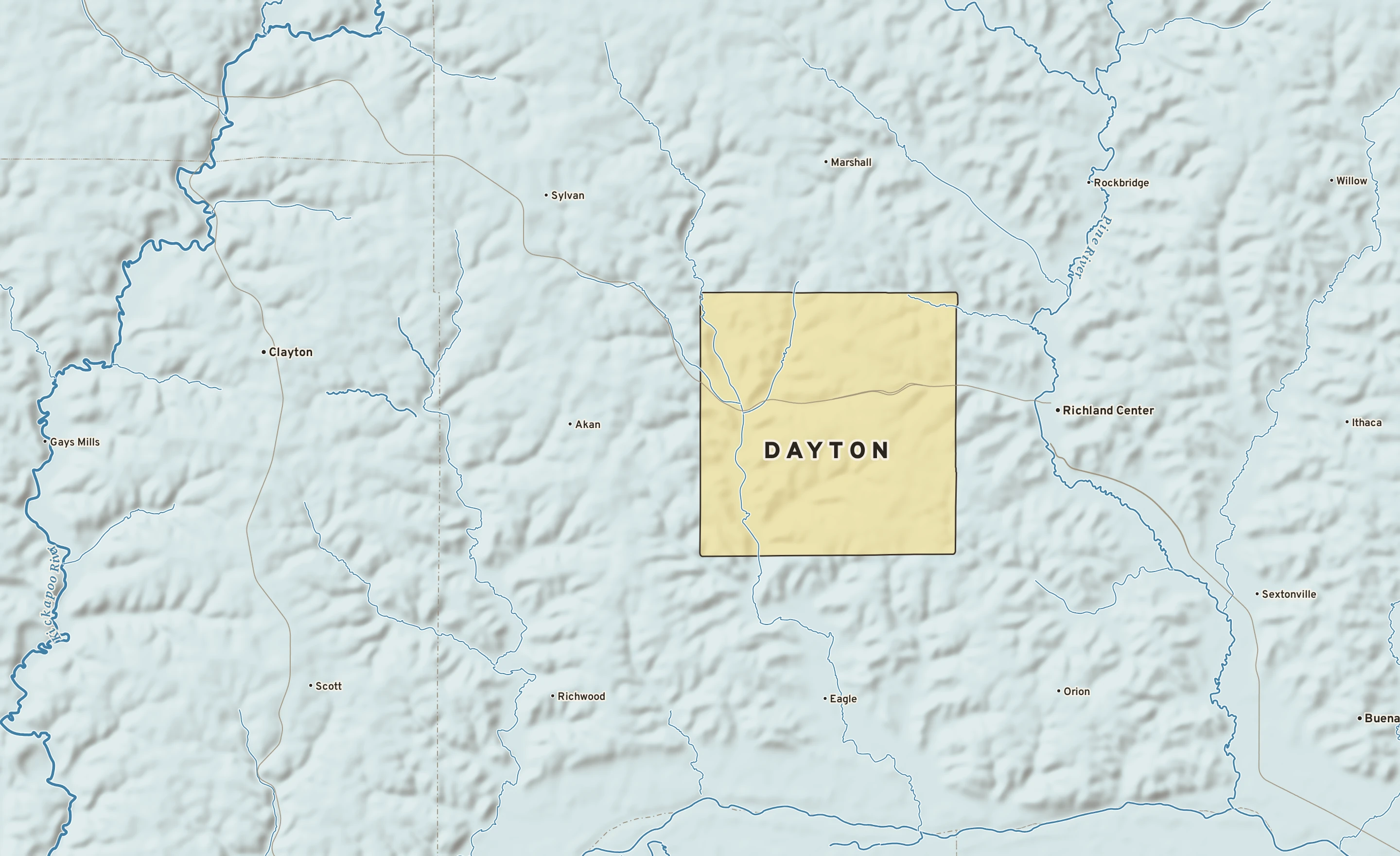 Shaded-relief atlas plate of Dayton, Wisconsin: rivers, roads, the city limits and where the water drains.