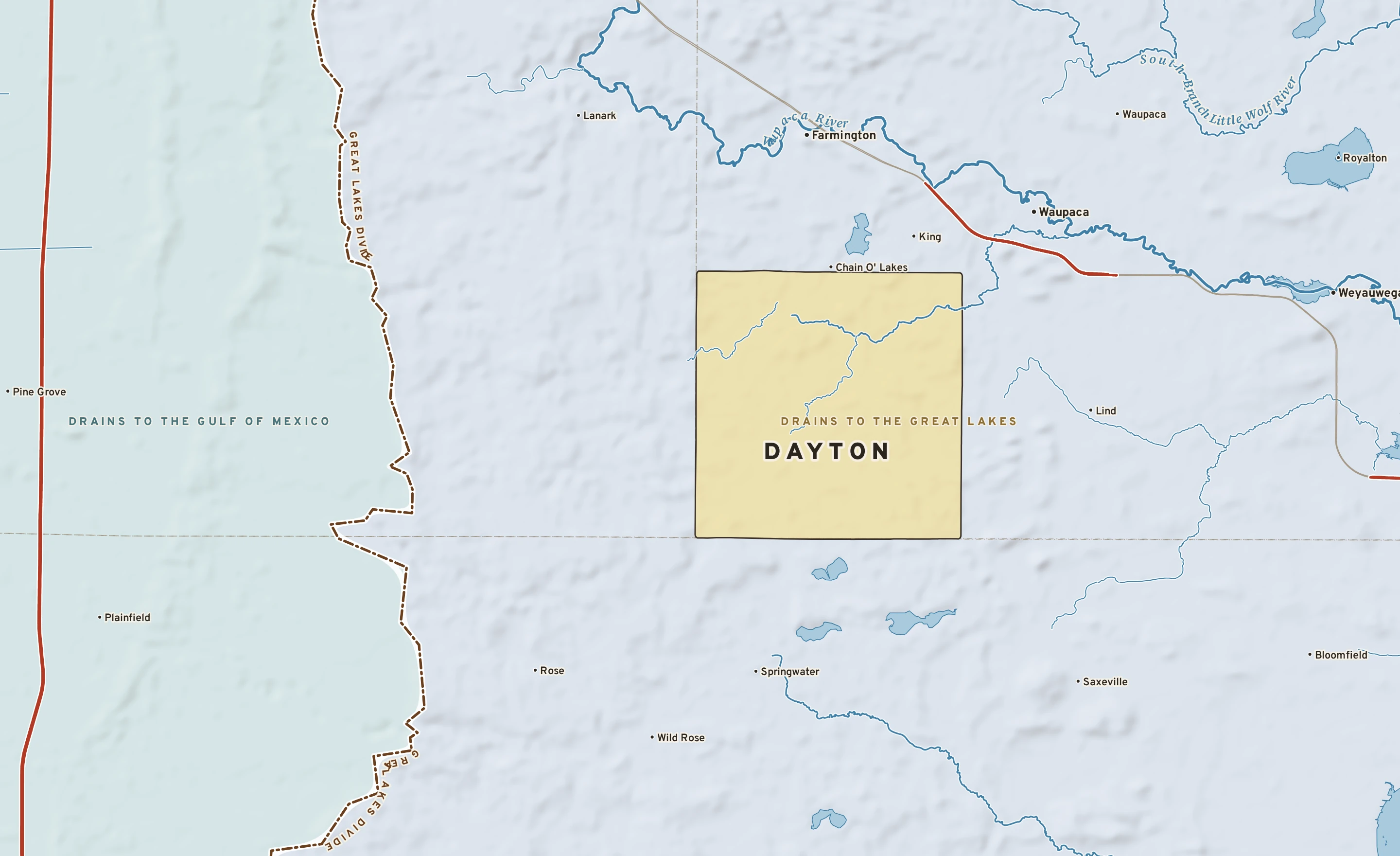 Shaded-relief atlas plate of Dayton, Wisconsin: rivers, roads, the city limits and where the water drains.