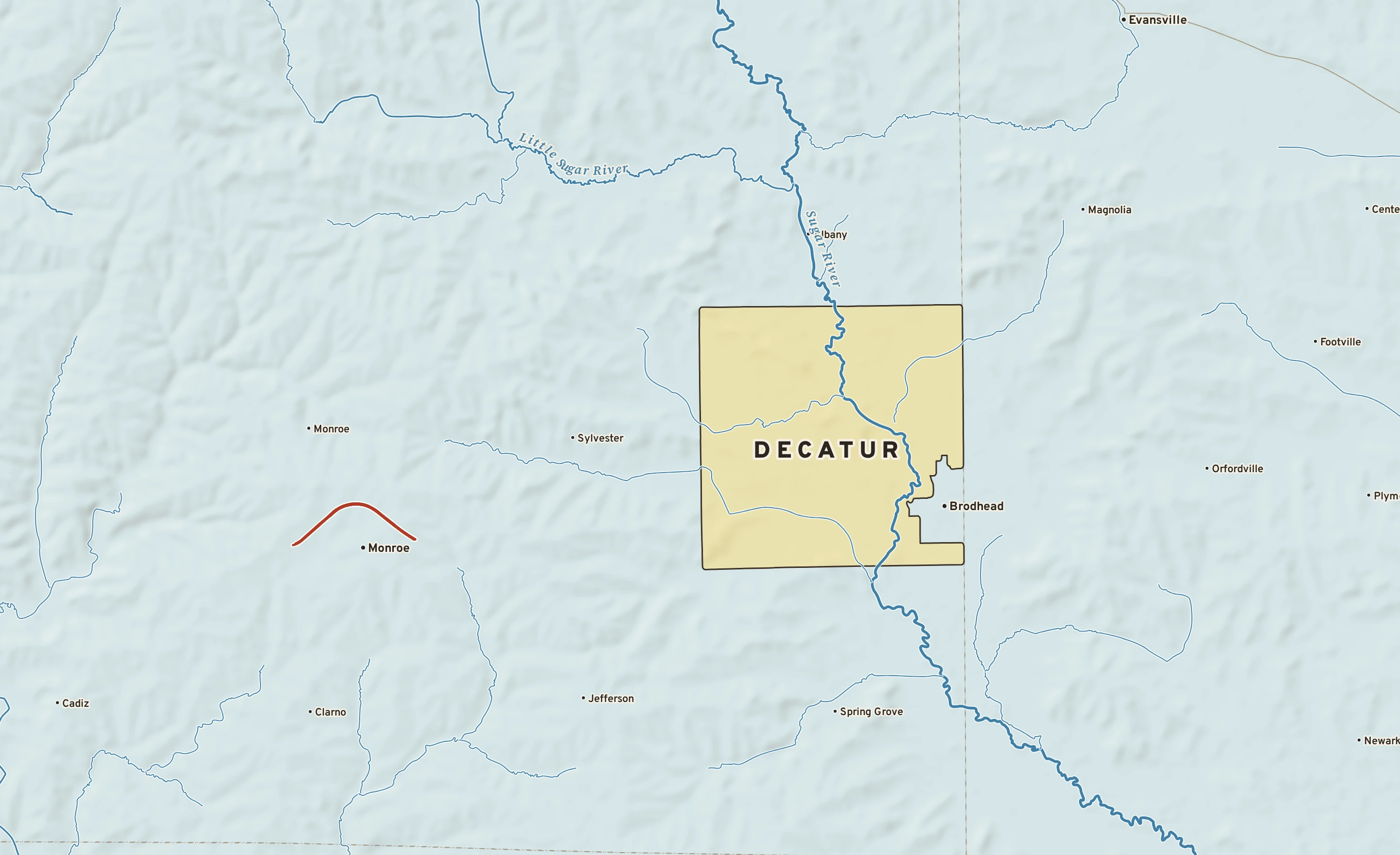 Shaded-relief atlas plate of Decatur, Wisconsin: rivers, roads, the city limits and where the water drains.