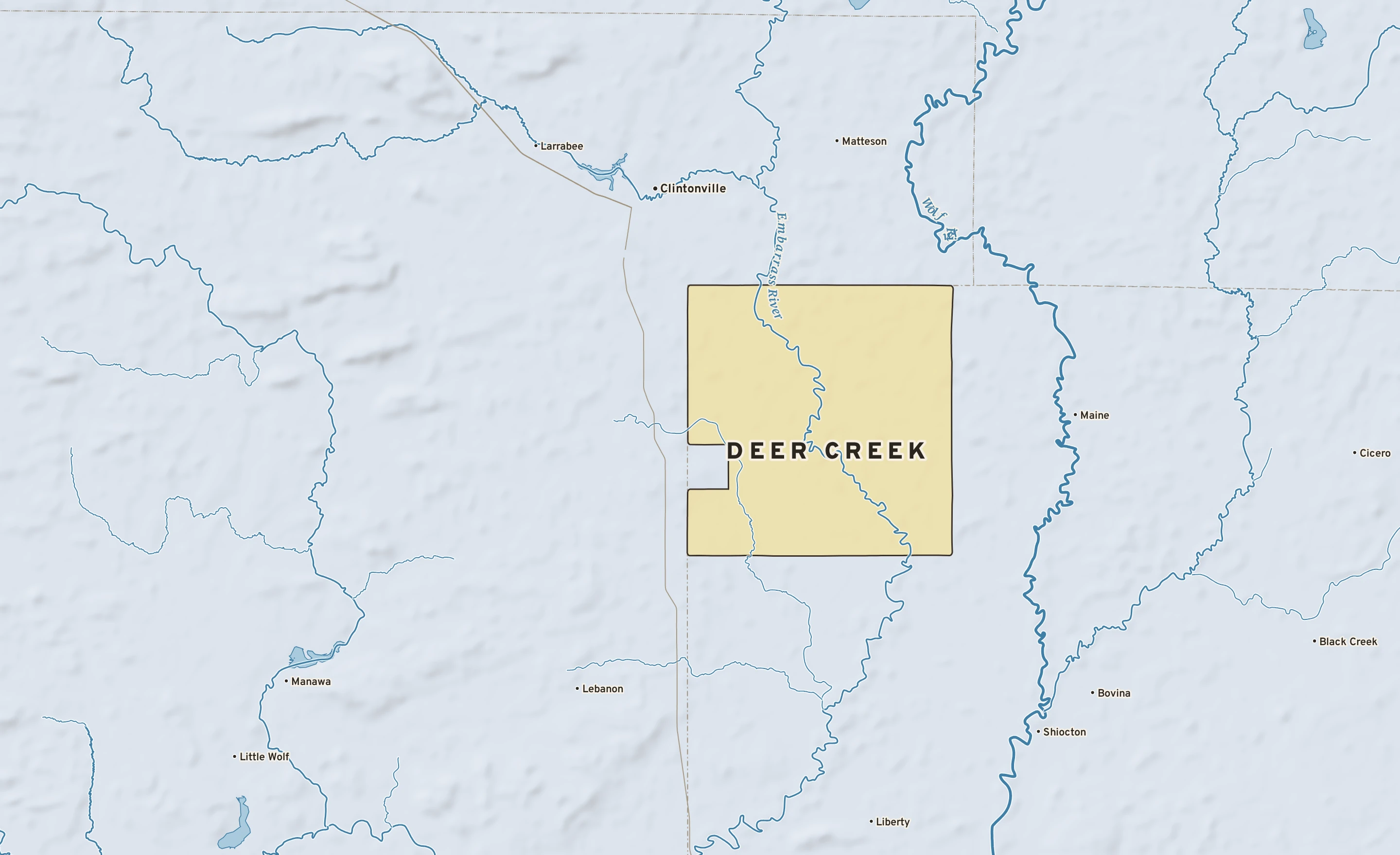 Shaded-relief atlas plate of Deer Creek, Wisconsin: rivers, roads, the city limits and where the water drains.