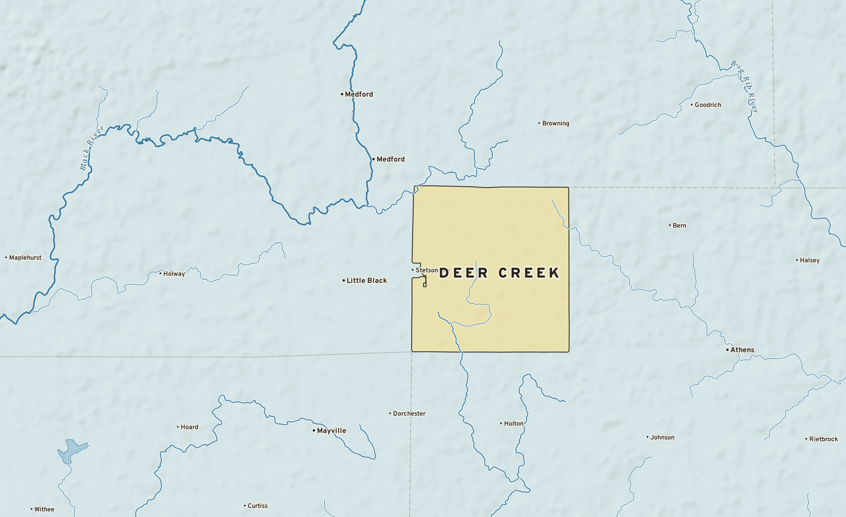 Shaded-relief atlas plate of Deer Creek, Wisconsin: rivers, roads, the city limits and where the water drains.