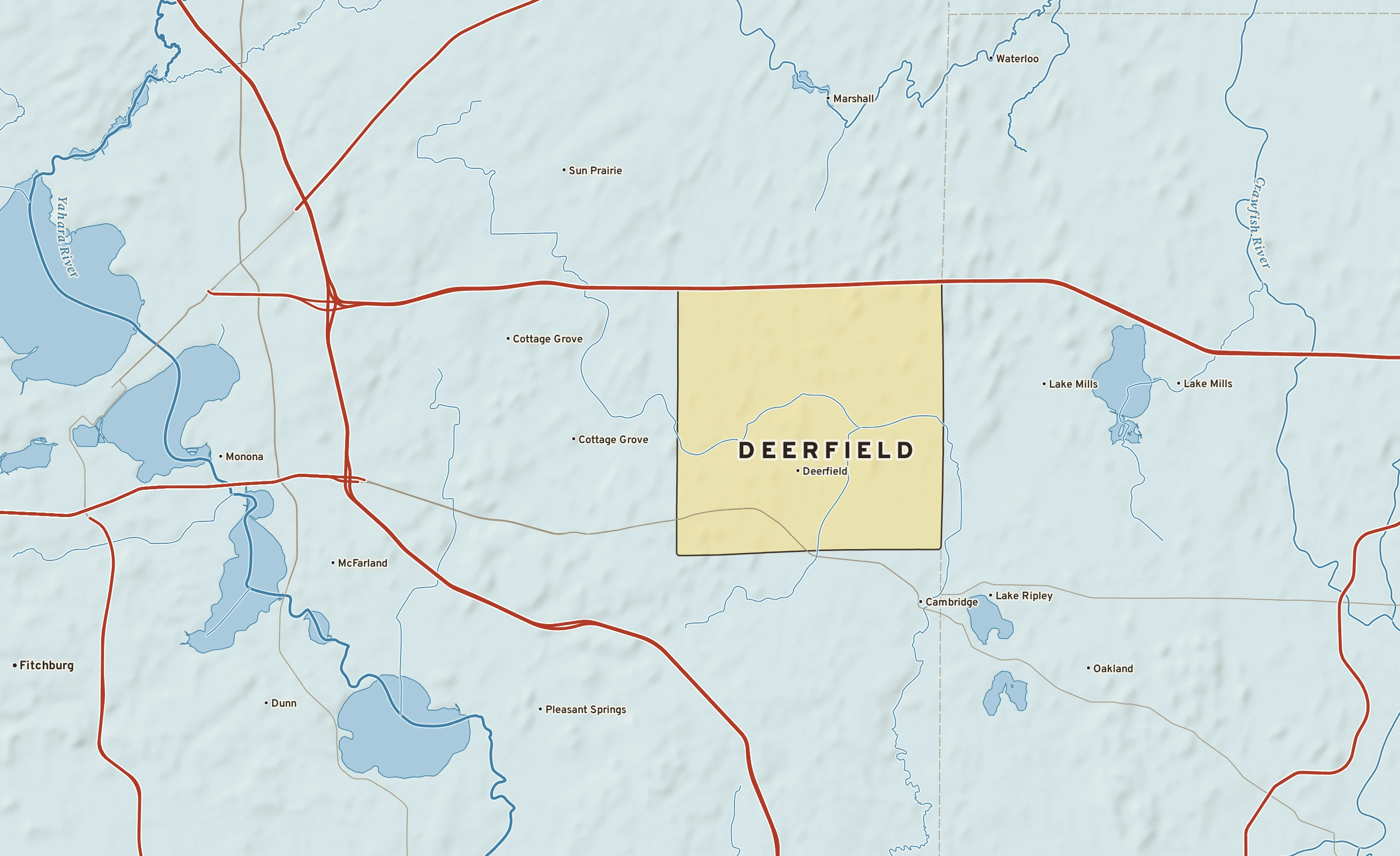 Shaded-relief atlas plate of Deerfield, Wisconsin: rivers, roads, the city limits and where the water drains.