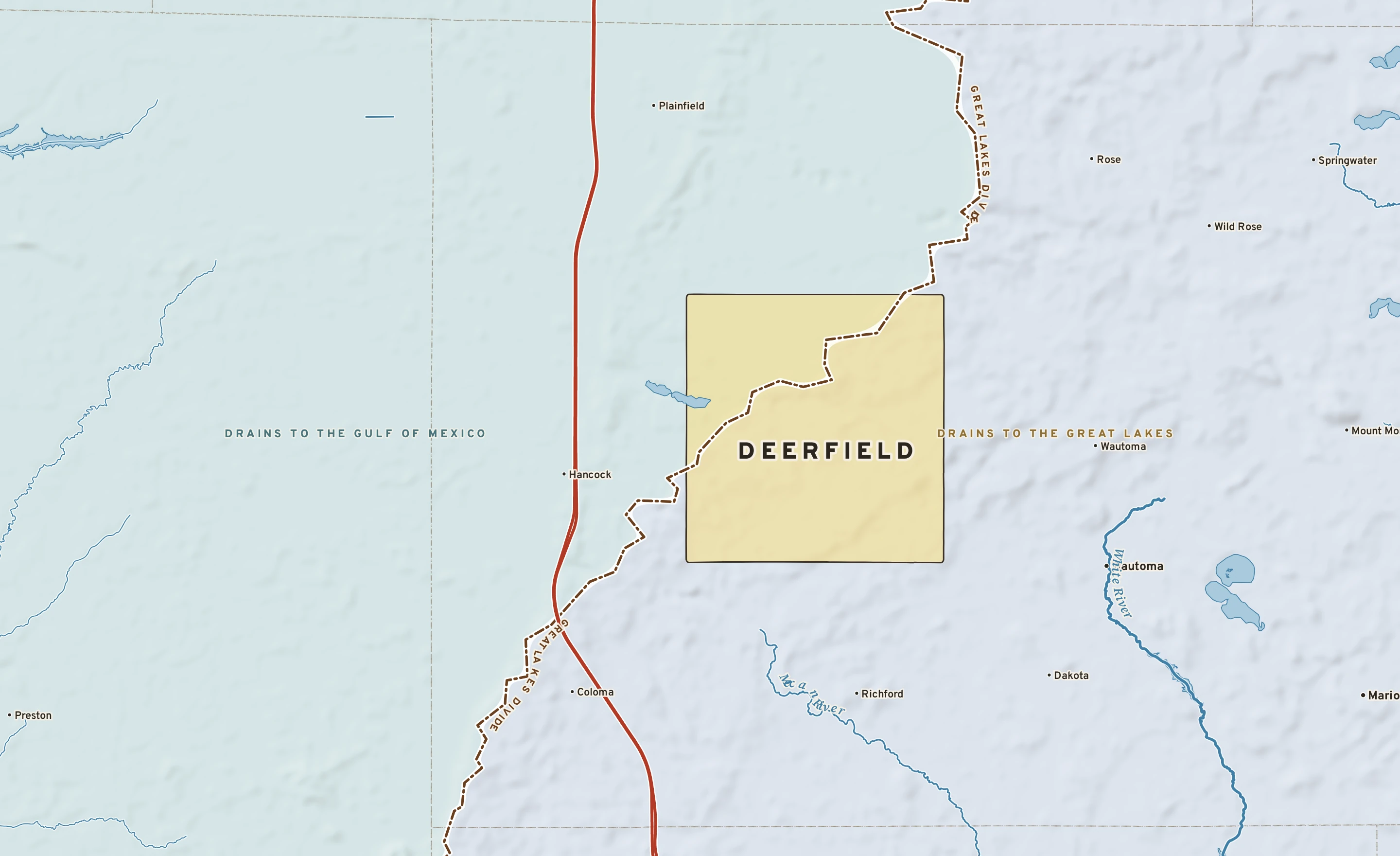 Shaded-relief atlas plate of Deerfield, Wisconsin: rivers, roads, the city limits and where the water drains.