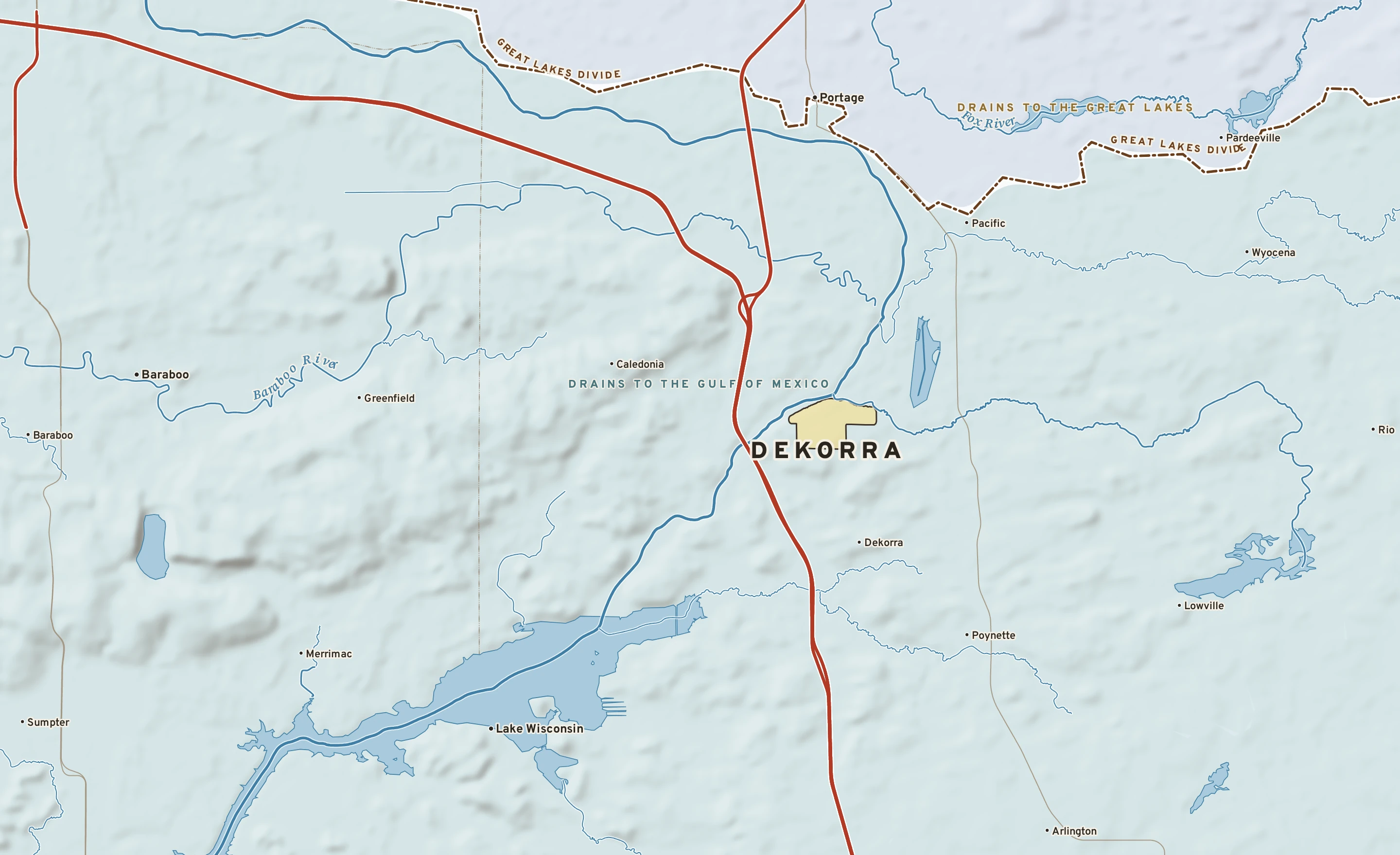 Shaded-relief atlas plate of Dekorra, Wisconsin: rivers, roads, the city limits and where the water drains.