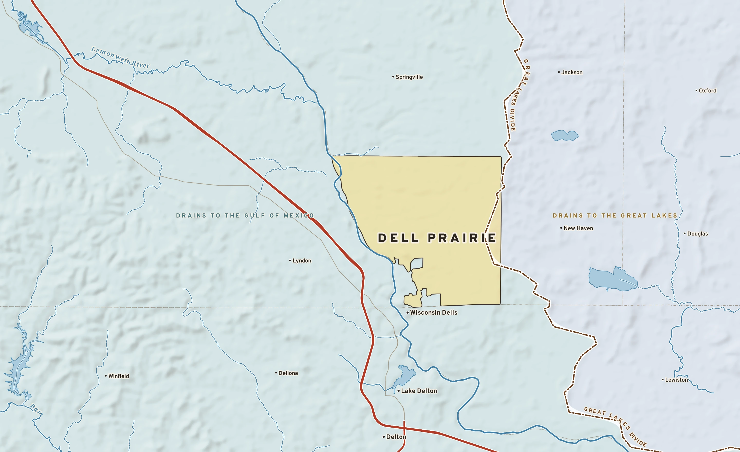 Shaded-relief atlas plate of Dell Prairie, Wisconsin: rivers, roads, the city limits and where the water drains.