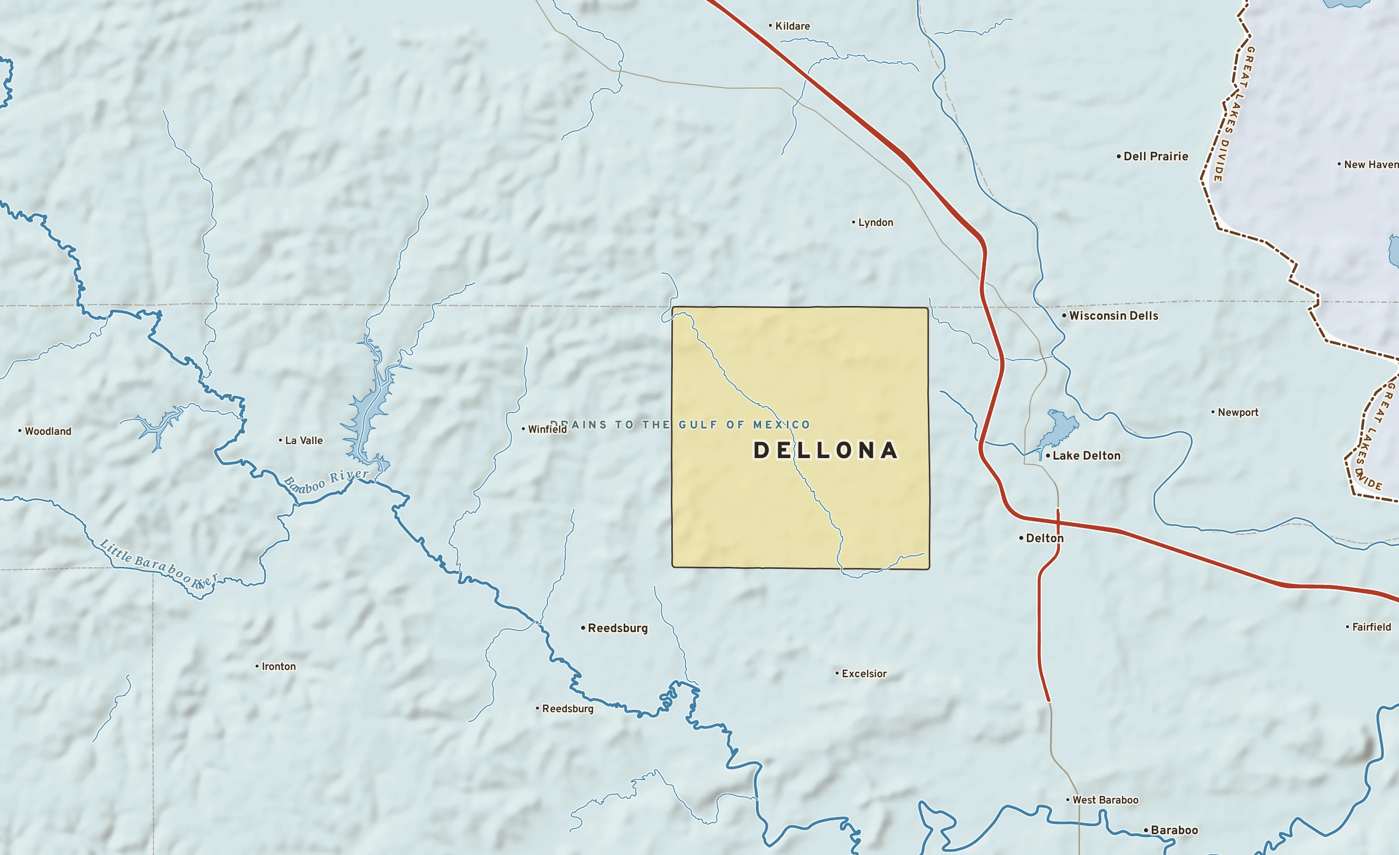 Shaded-relief atlas plate of Dellona, Wisconsin: rivers, roads, the city limits and where the water drains.