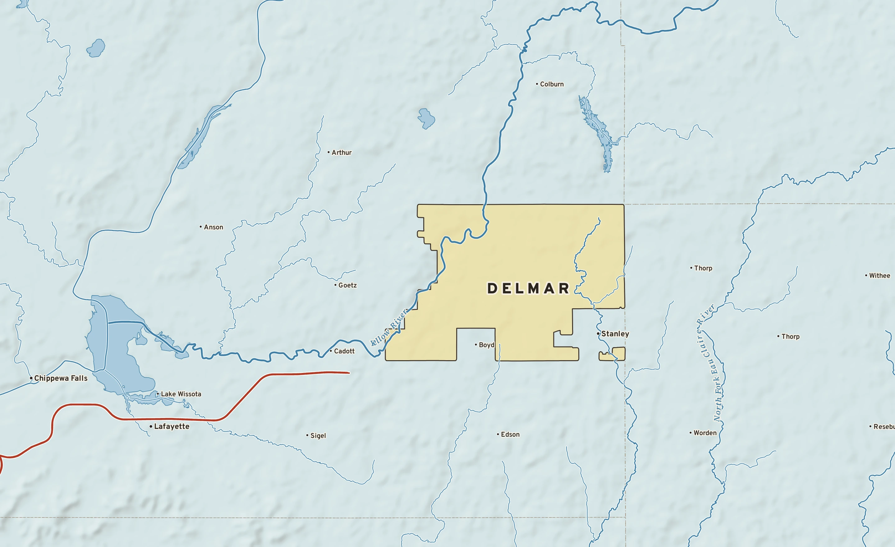 Shaded-relief atlas plate of Delmar, Wisconsin: rivers, roads, the city limits and where the water drains.