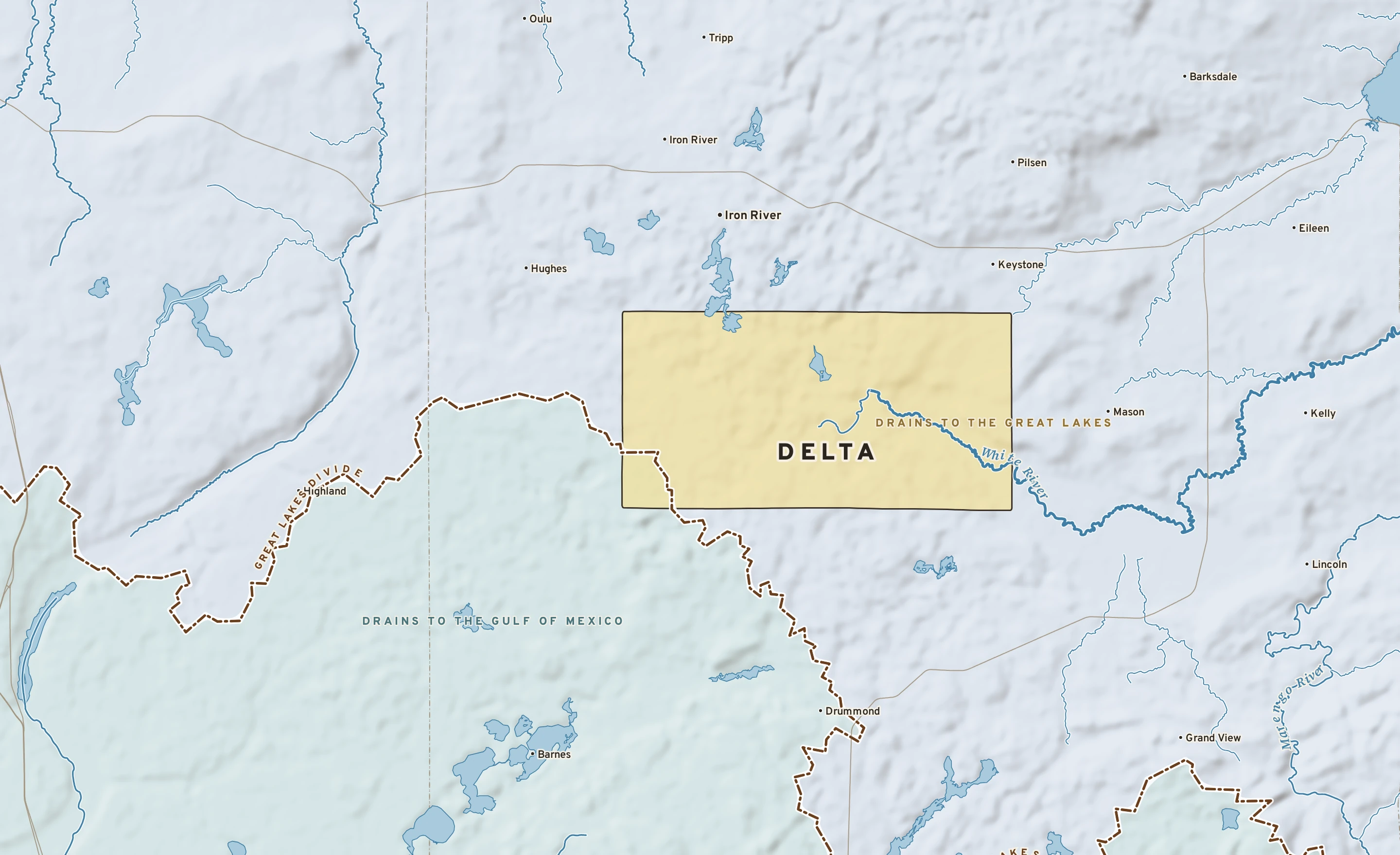 Shaded-relief atlas plate of Delta, Wisconsin: rivers, roads, the city limits and where the water drains.