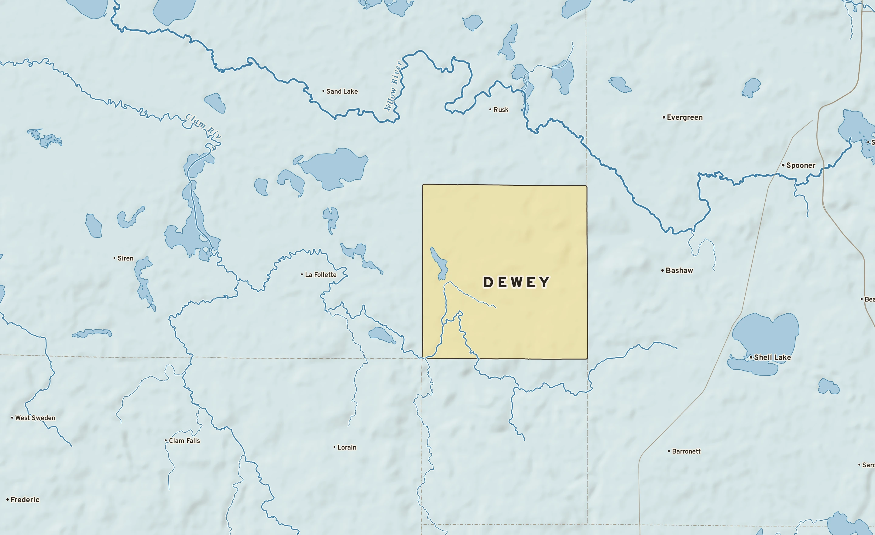 Shaded-relief atlas plate of Dewey, Wisconsin: rivers, roads, the city limits and where the water drains.