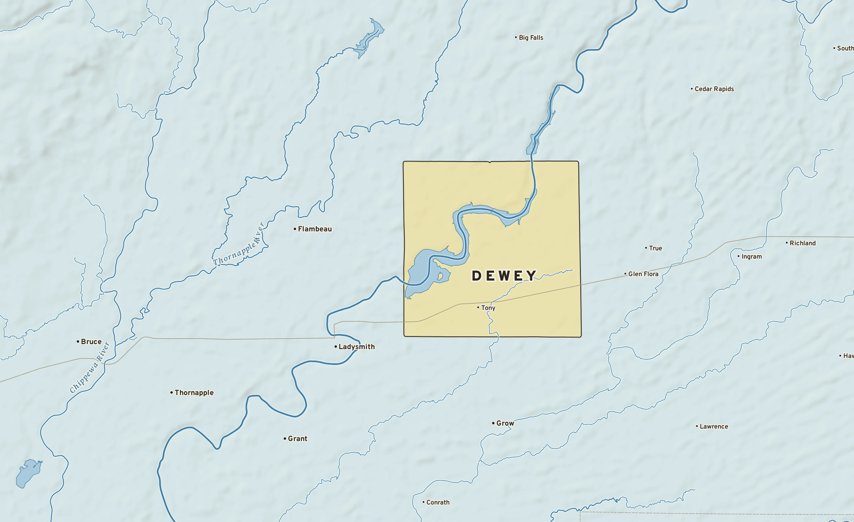 Shaded-relief atlas plate of Dewey, Wisconsin: rivers, roads, the city limits and where the water drains.