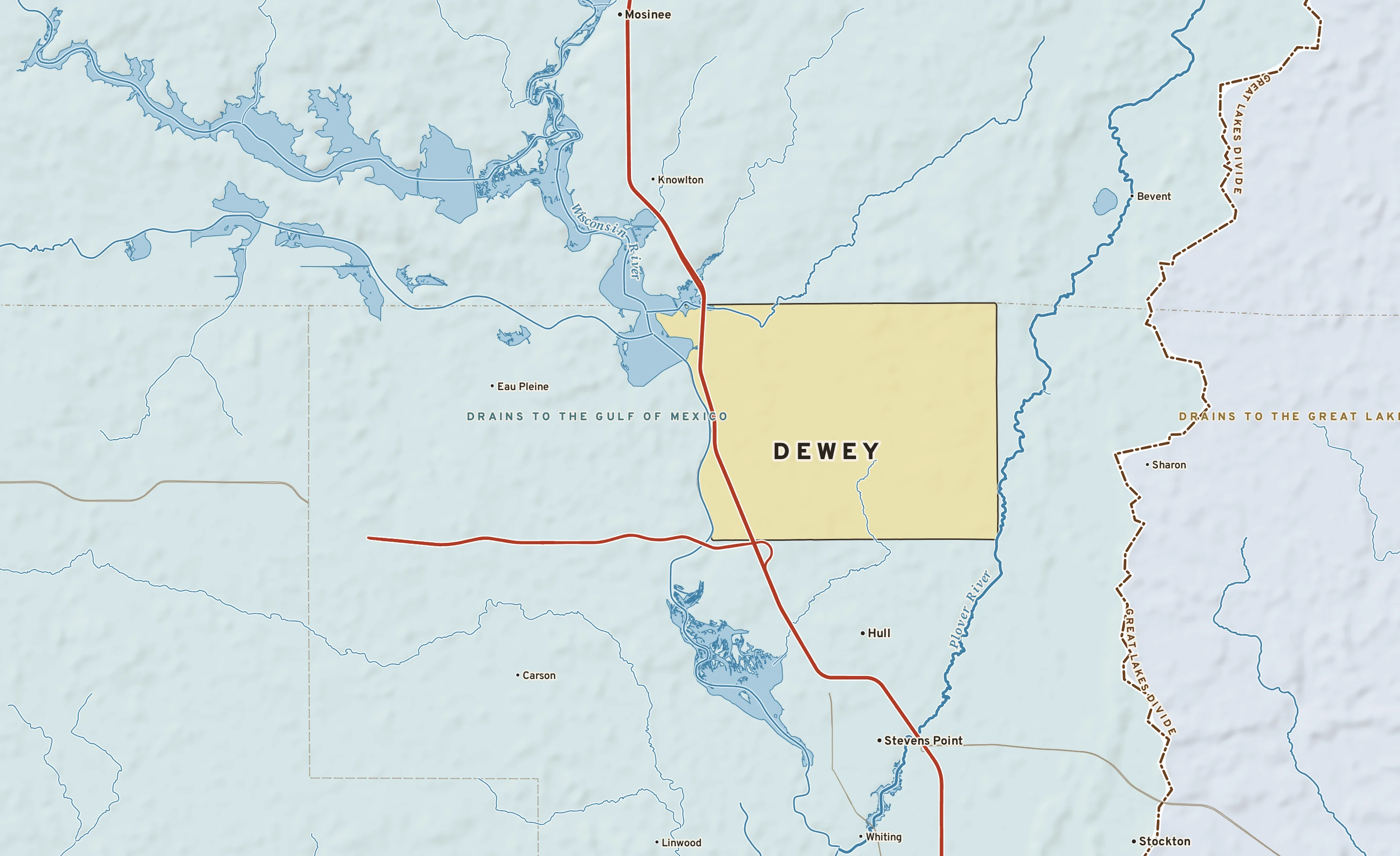 Shaded-relief atlas plate of Dewey, Wisconsin: rivers, roads, the city limits and where the water drains.