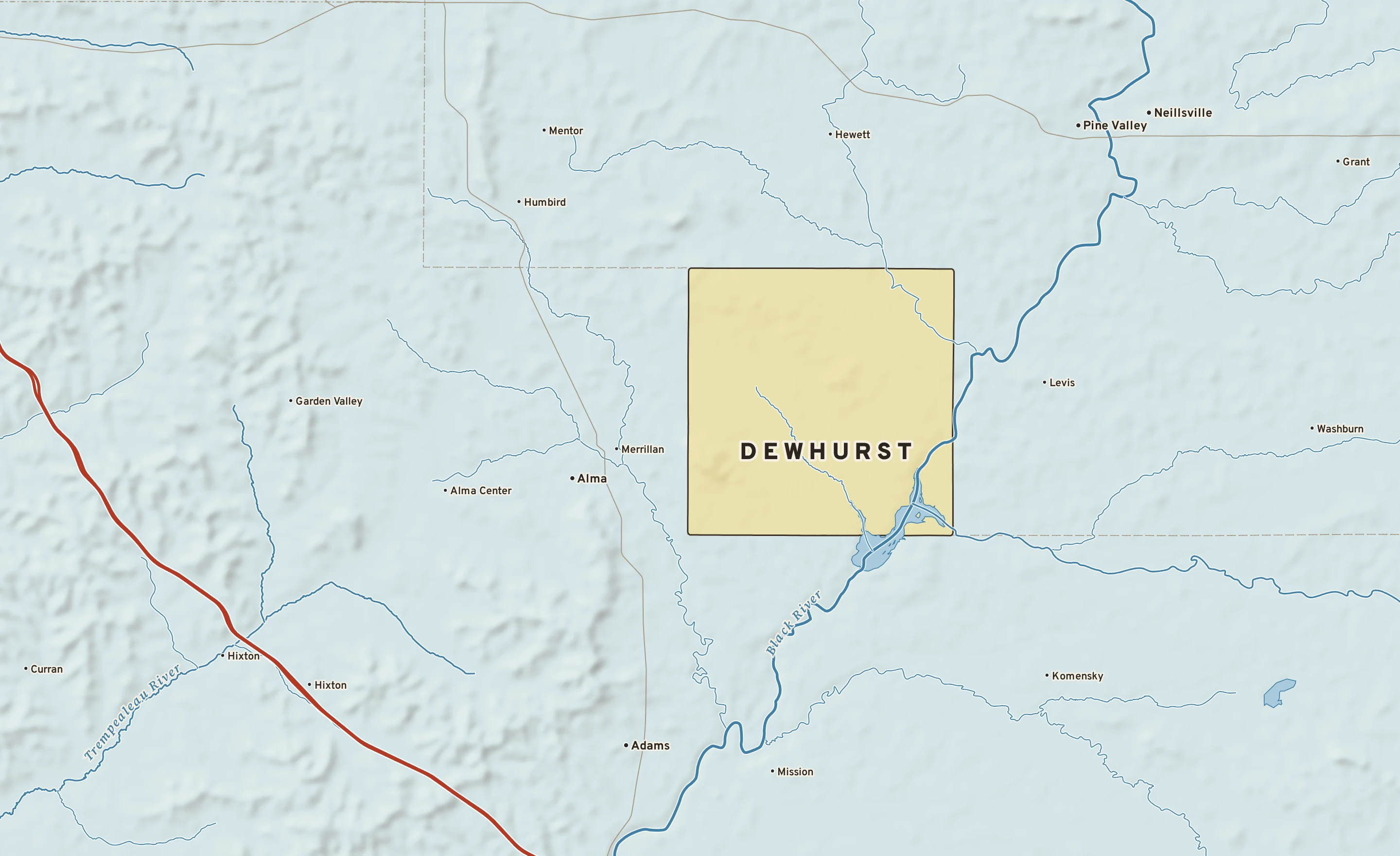 Shaded-relief atlas plate of Dewhurst, Wisconsin: rivers, roads, the city limits and where the water drains.