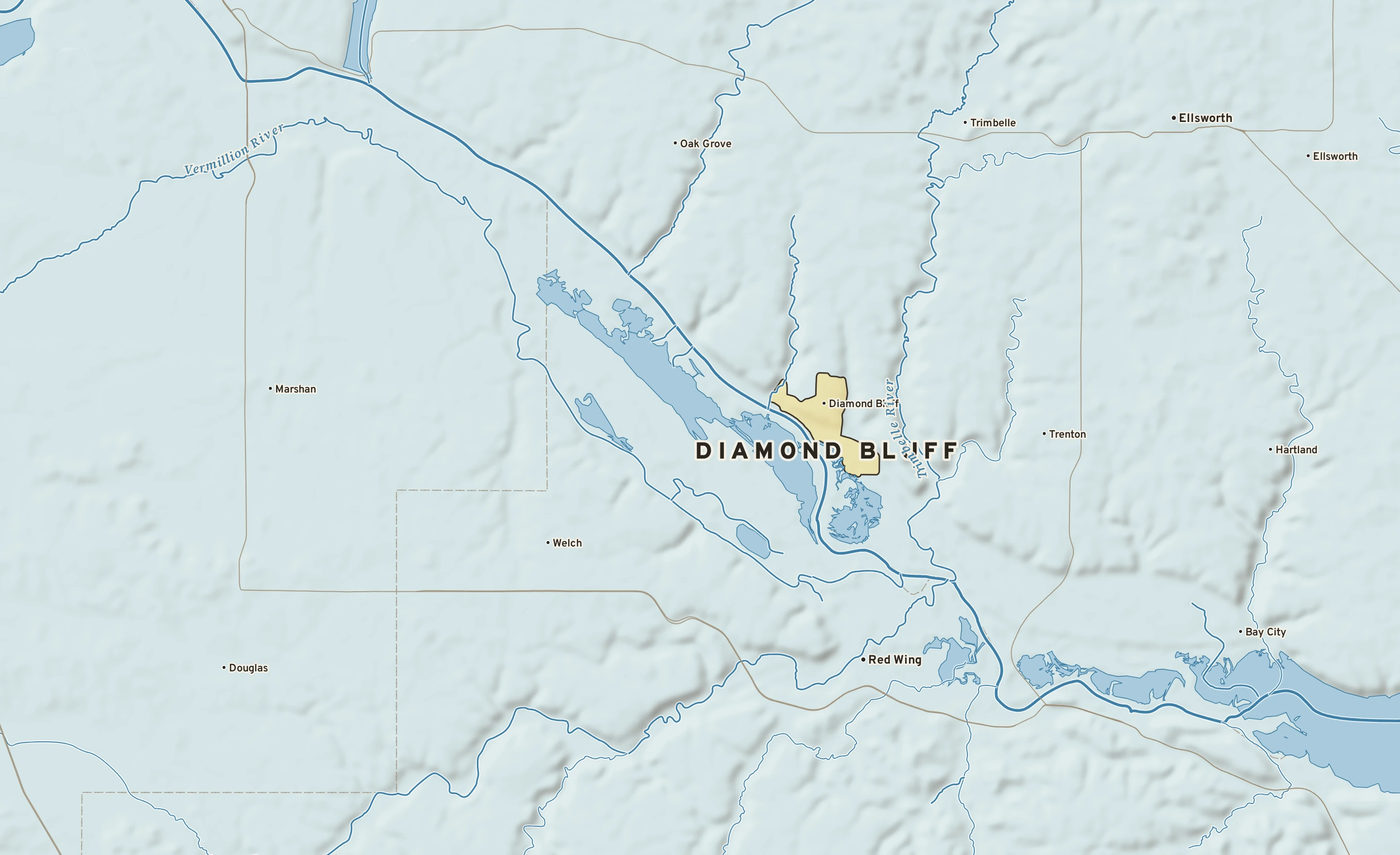 Shaded-relief atlas plate of Diamond Bluff, Wisconsin: rivers, roads, the city limits and where the water drains.
