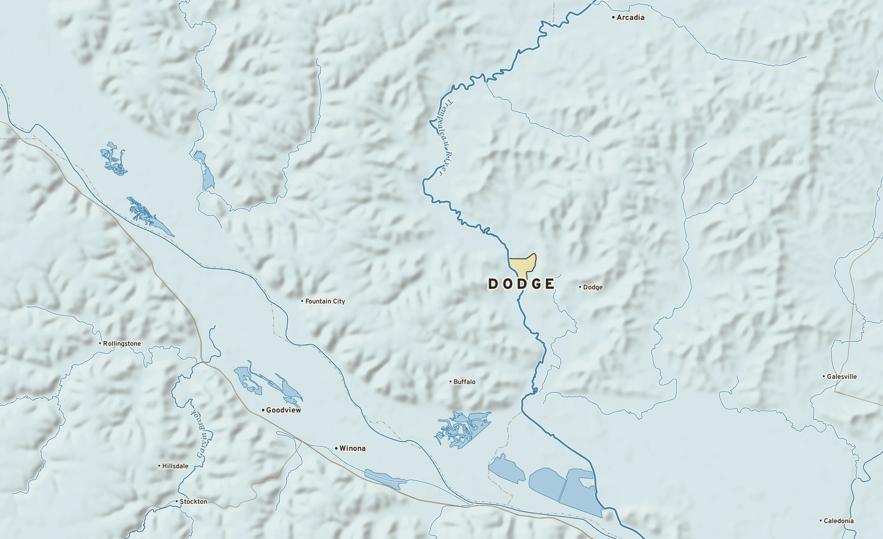 Shaded-relief atlas plate of Dodge, Wisconsin: rivers, roads, the city limits and where the water drains.