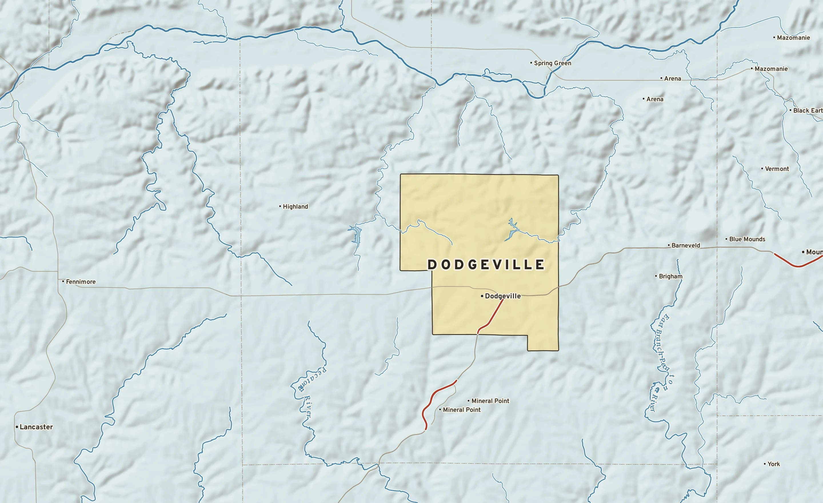 Shaded-relief atlas plate of Dodgeville, Wisconsin: rivers, roads, the city limits and where the water drains.