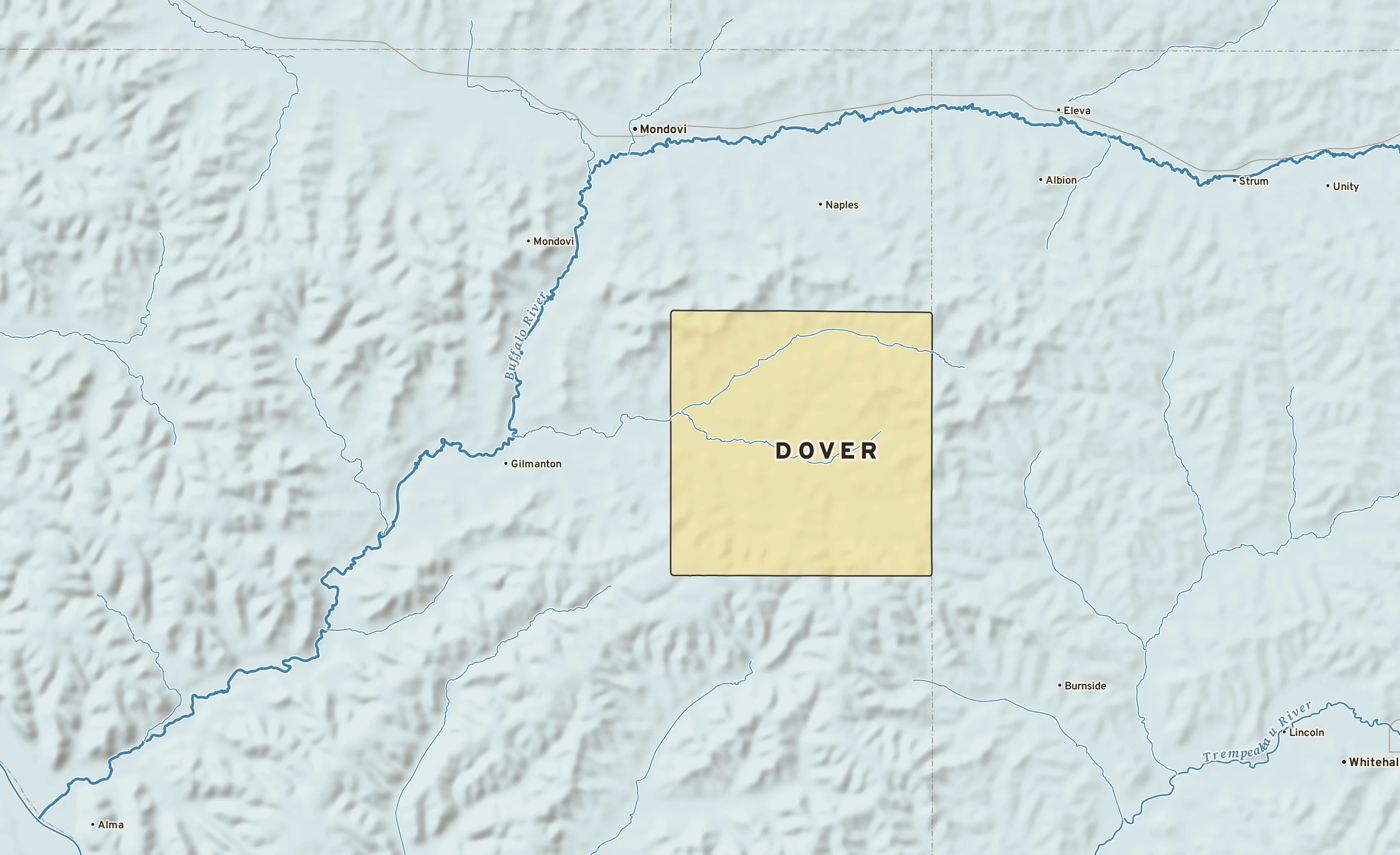 Shaded-relief atlas plate of Dover, Wisconsin: rivers, roads, the city limits and where the water drains.