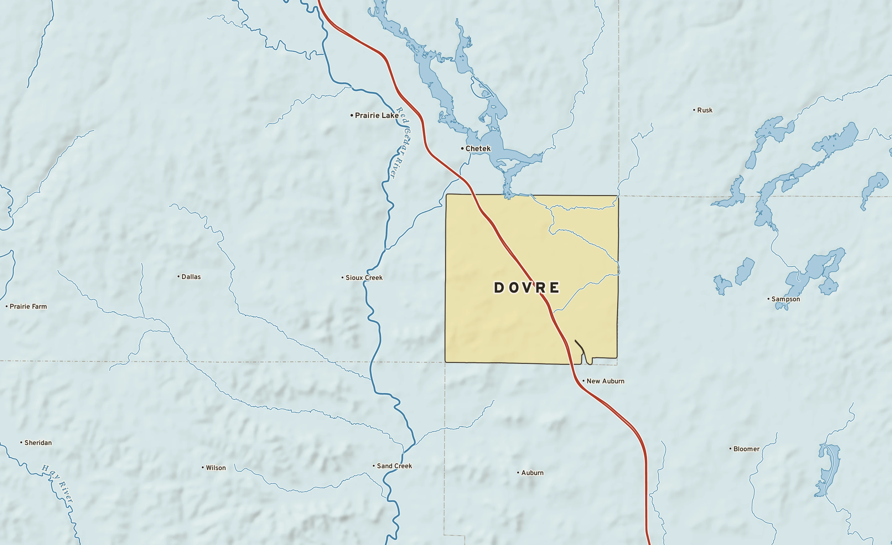 Shaded-relief atlas plate of Dovre, Wisconsin: rivers, roads, the city limits and where the water drains.