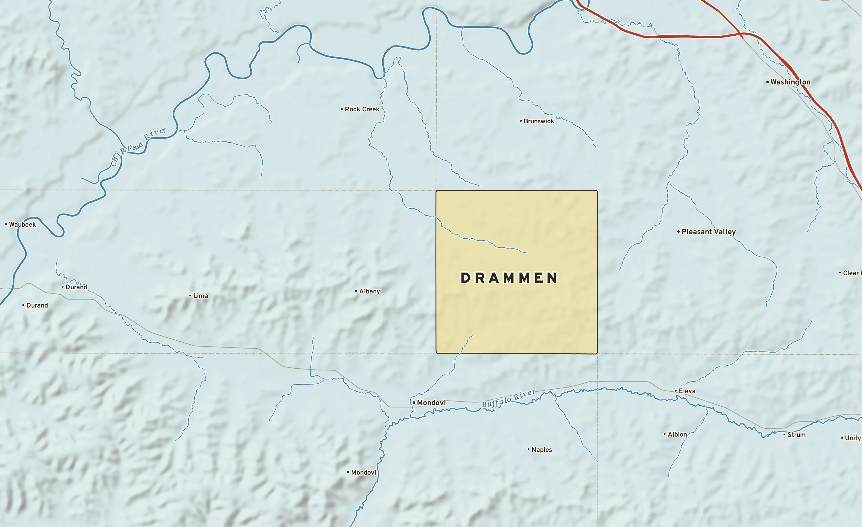 Shaded-relief atlas plate of Drammen, Wisconsin: rivers, roads, the city limits and where the water drains.