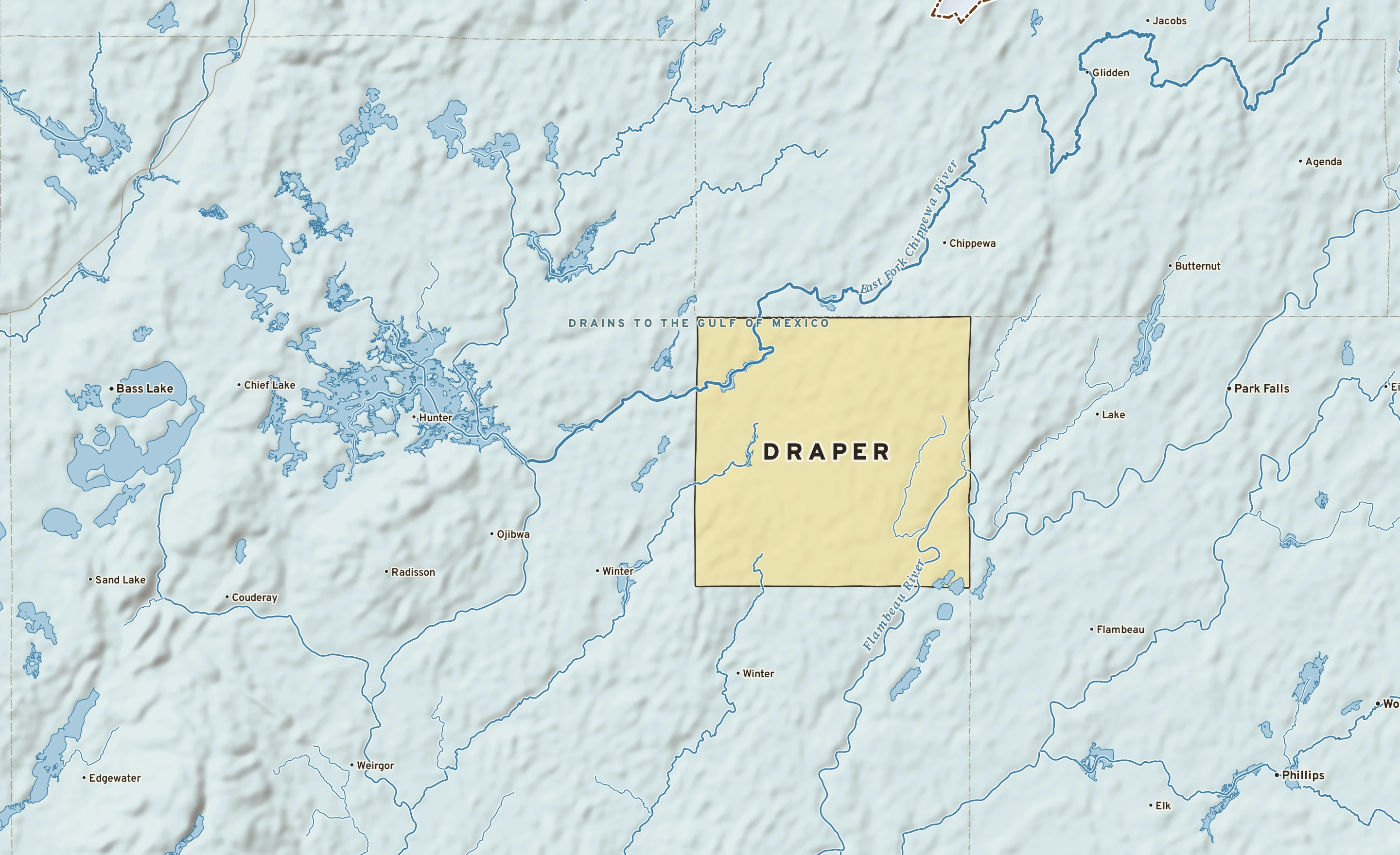 Shaded-relief atlas plate of Draper, Wisconsin: rivers, roads, the city limits and where the water drains.