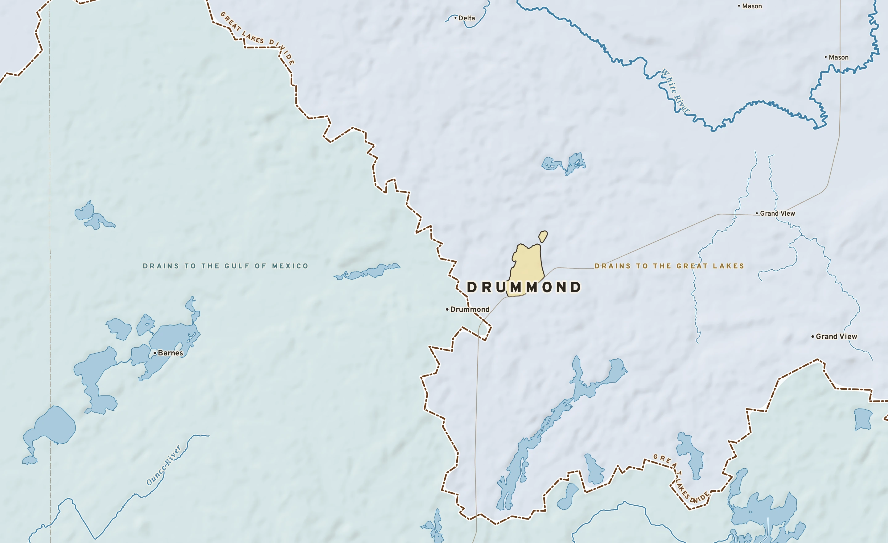 Shaded-relief atlas plate of Drummond, Wisconsin: rivers, roads, the city limits and where the water drains.