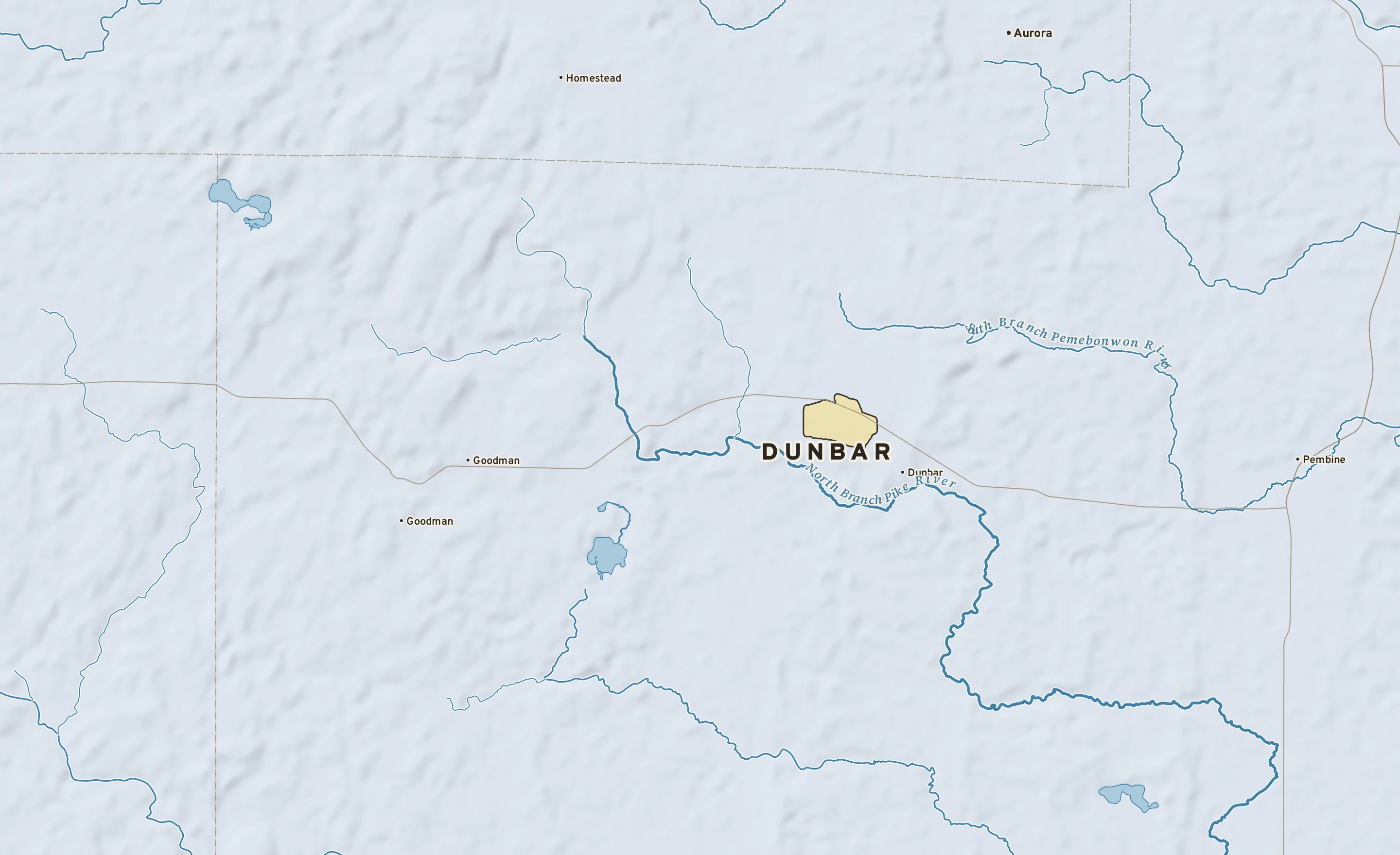Shaded-relief atlas plate of Dunbar, Wisconsin: rivers, roads, the city limits and where the water drains.