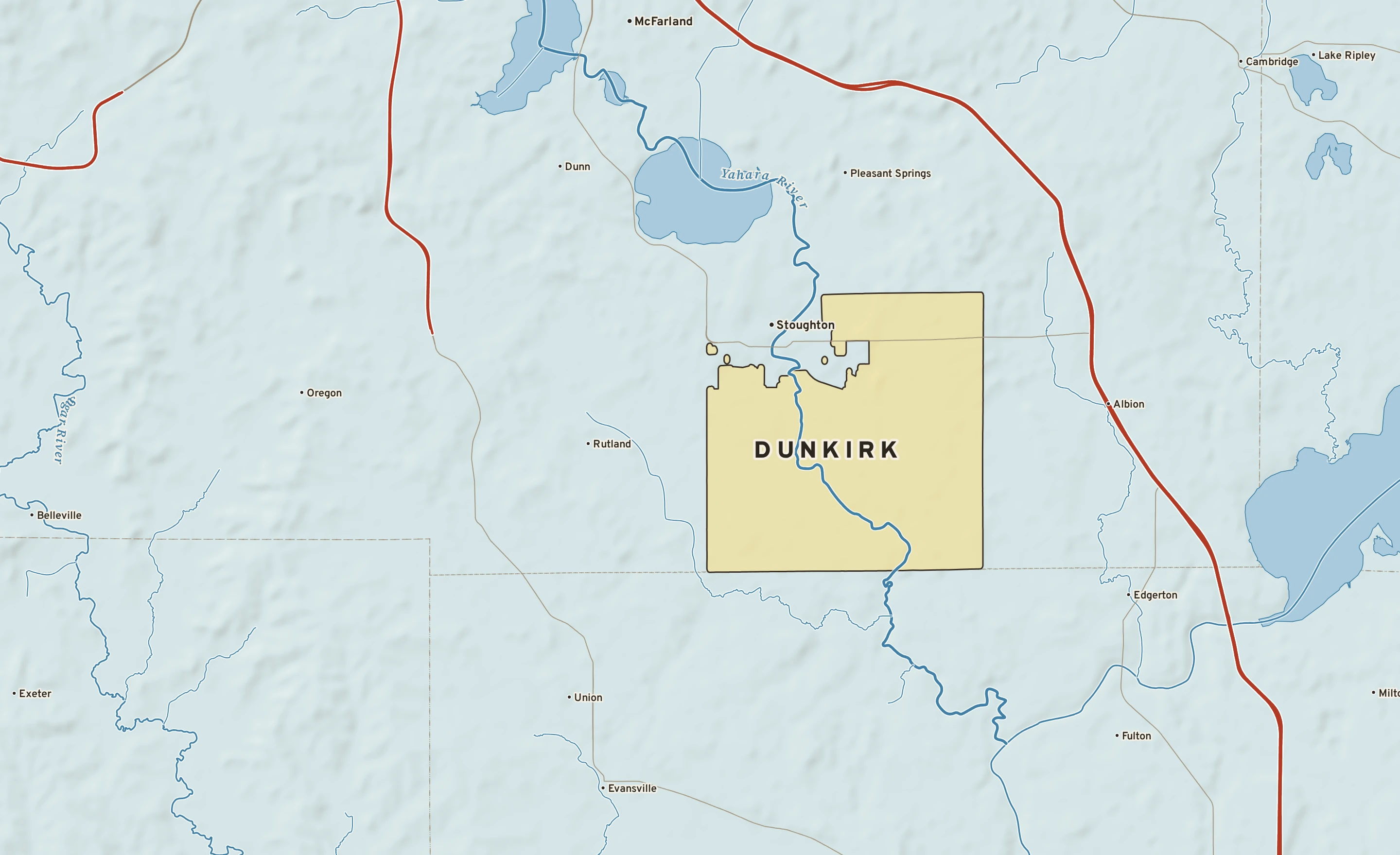 Shaded-relief atlas plate of Dunkirk, Wisconsin: rivers, roads, the city limits and where the water drains.