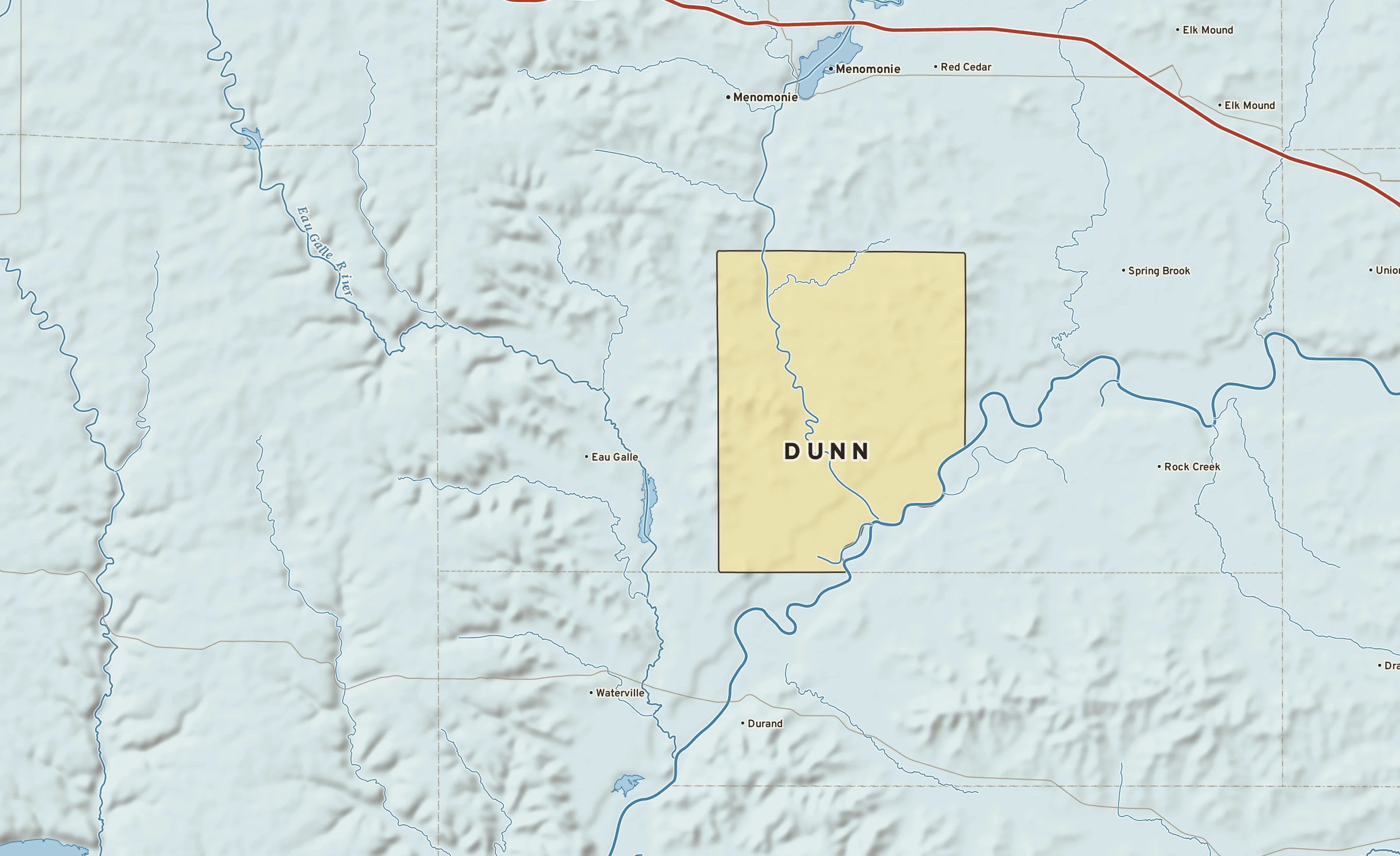 Shaded-relief atlas plate of Dunn, Wisconsin: rivers, roads, the city limits and where the water drains.