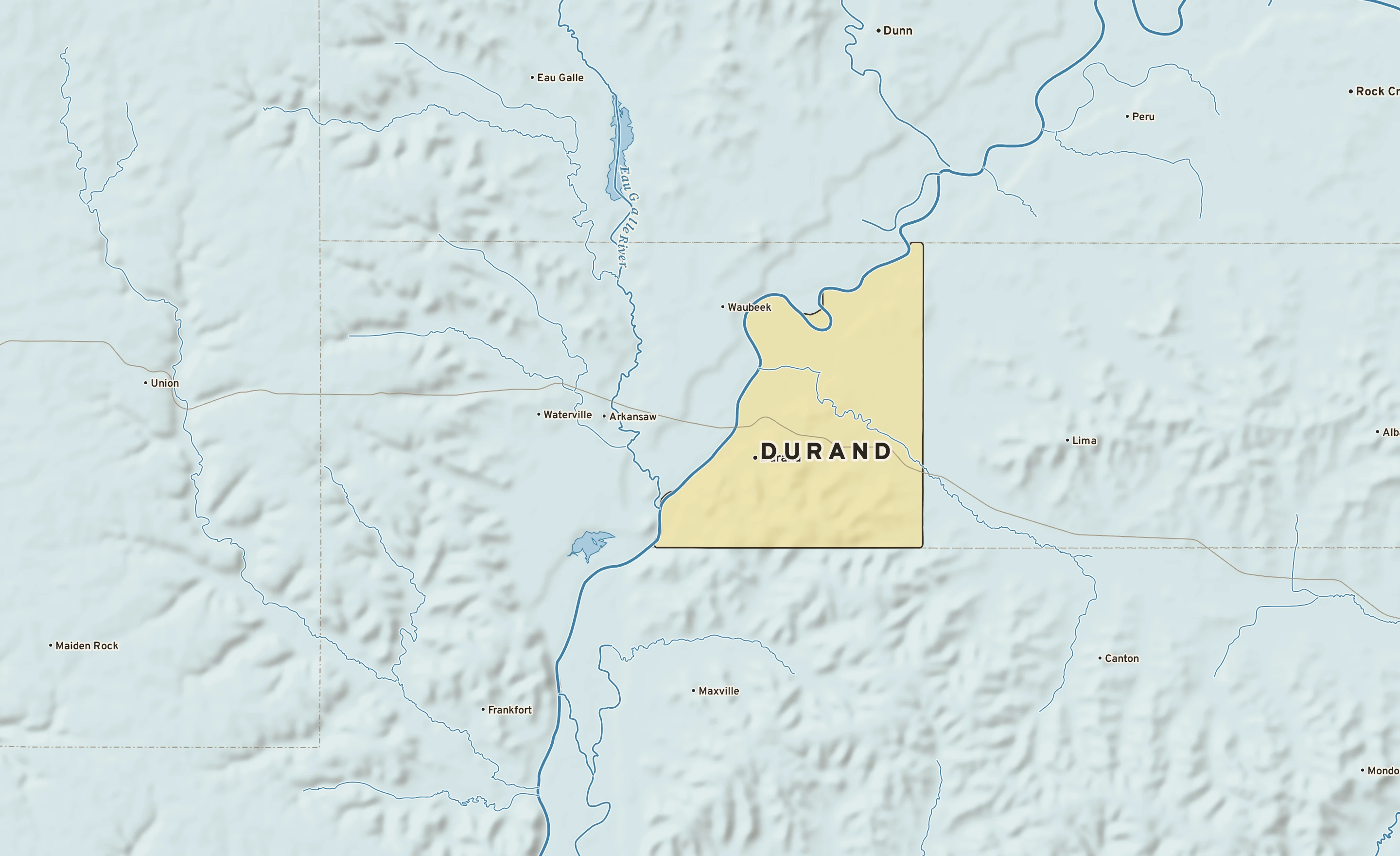 Shaded-relief atlas plate of Durand, Wisconsin: rivers, roads, the city limits and where the water drains.