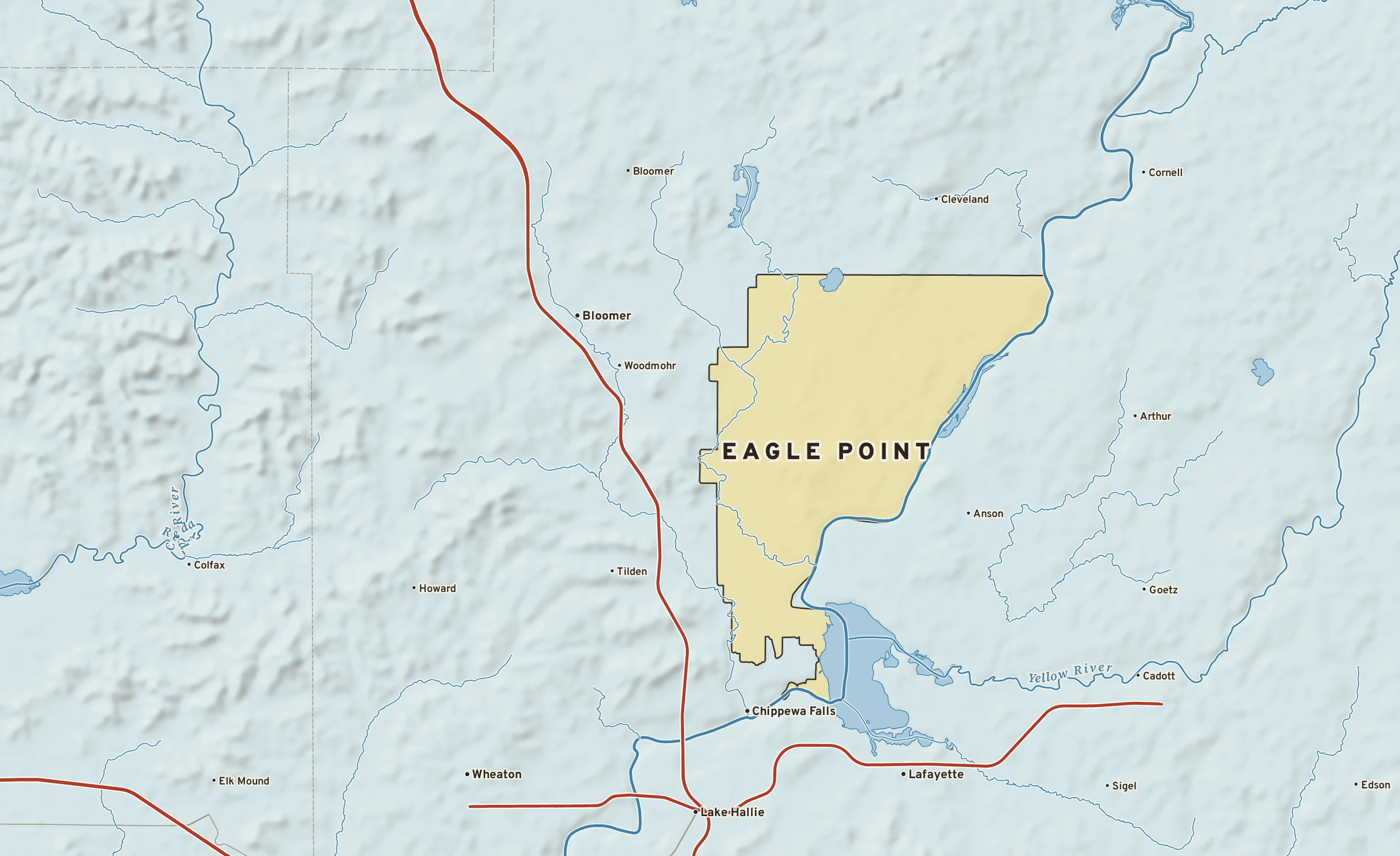 Shaded-relief atlas plate of Eagle Point, Wisconsin: rivers, roads, the city limits and where the water drains.