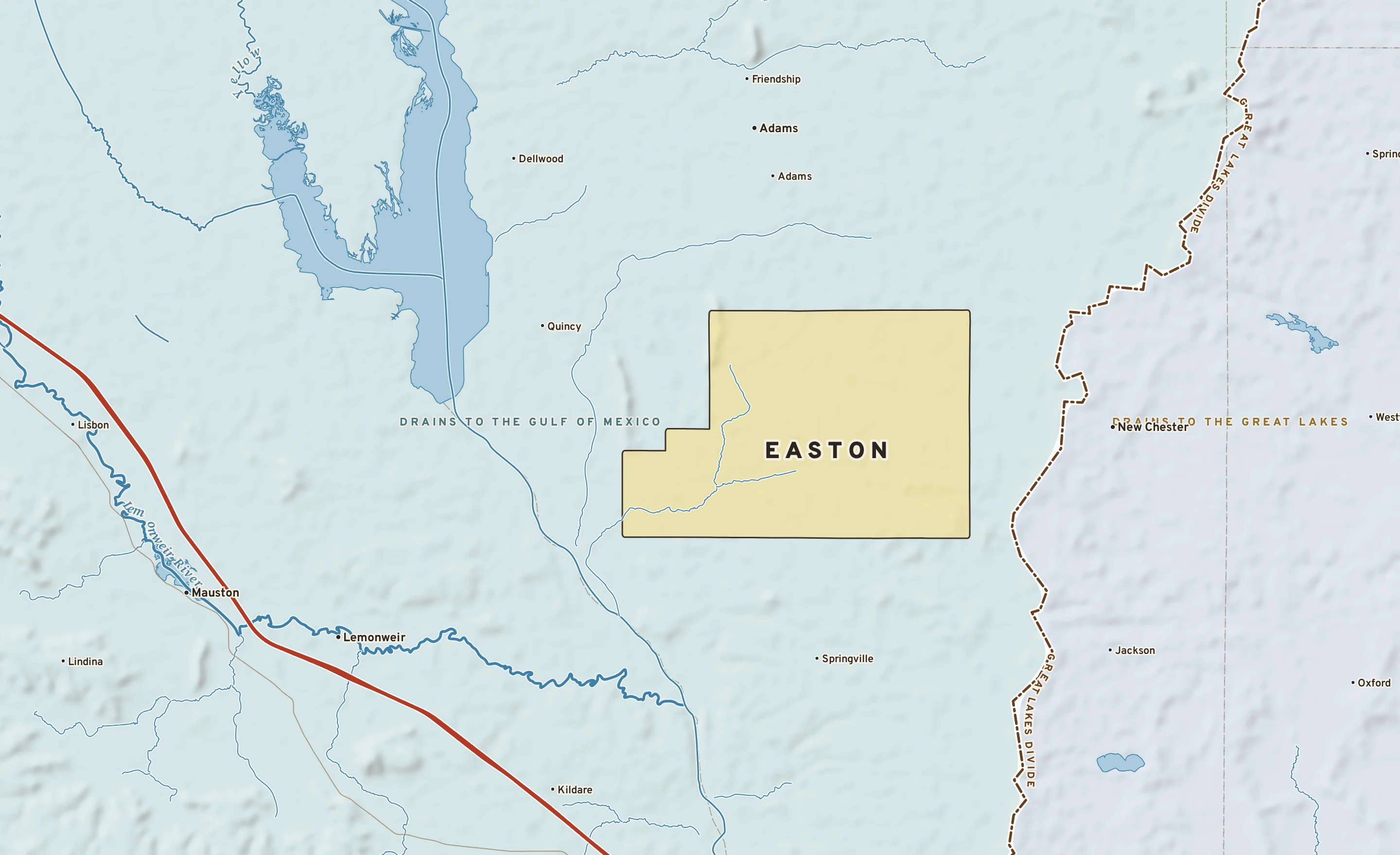 Shaded-relief atlas plate of Easton, Wisconsin: rivers, roads, the city limits and where the water drains.