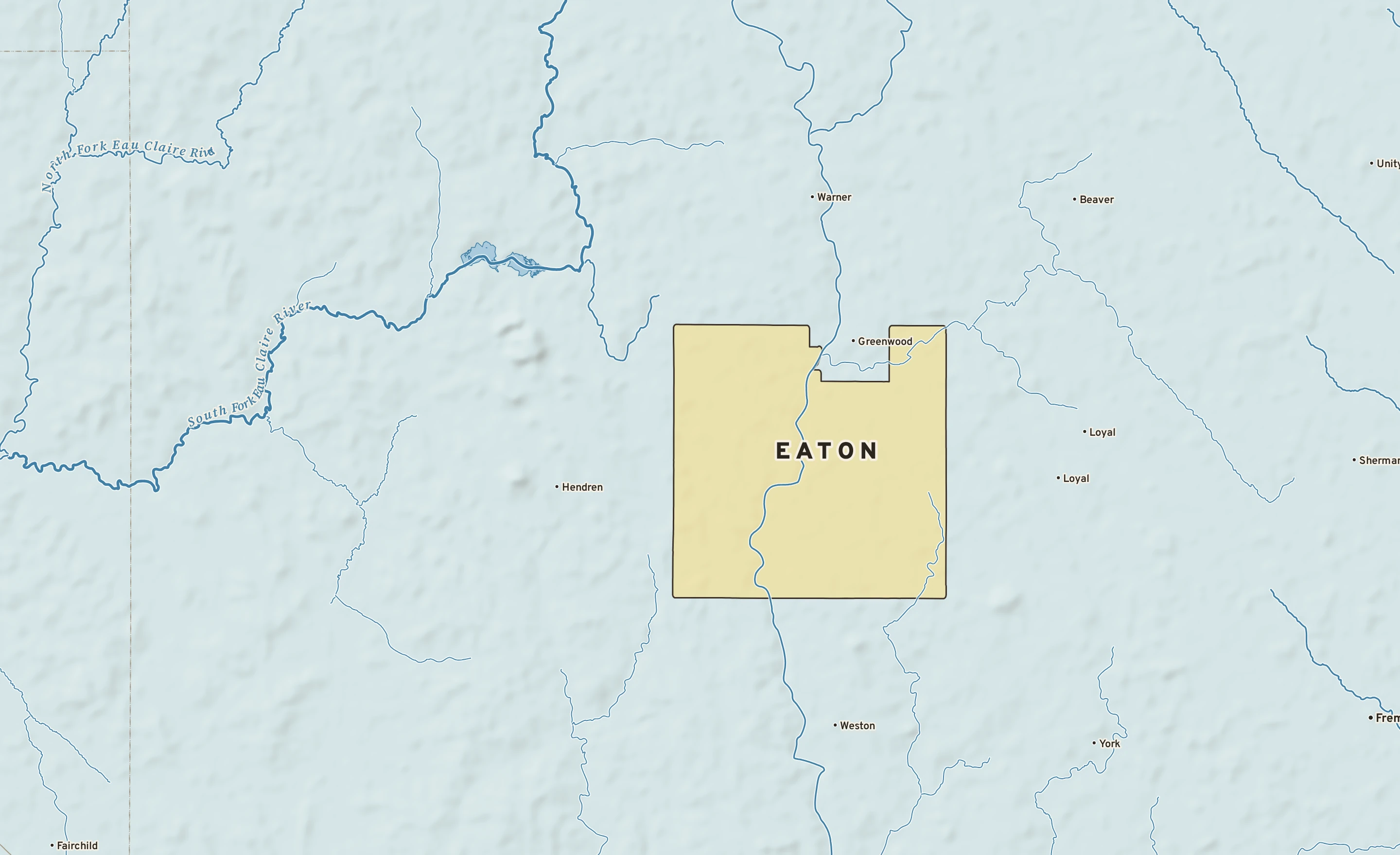 Shaded-relief atlas plate of Eaton, Wisconsin: rivers, roads, the city limits and where the water drains.