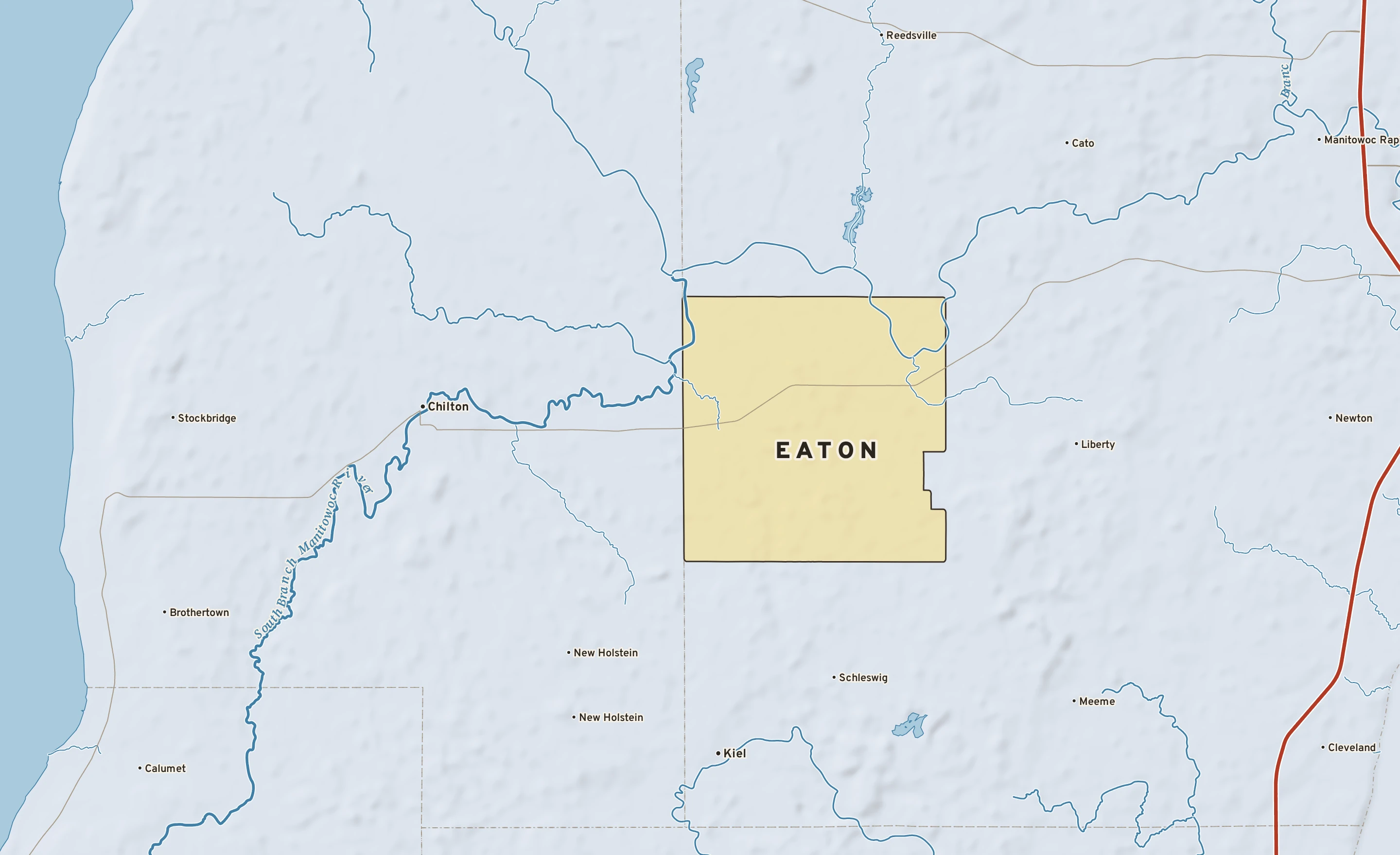 Shaded-relief atlas plate of Eaton, Wisconsin: rivers, roads, the city limits and where the water drains.