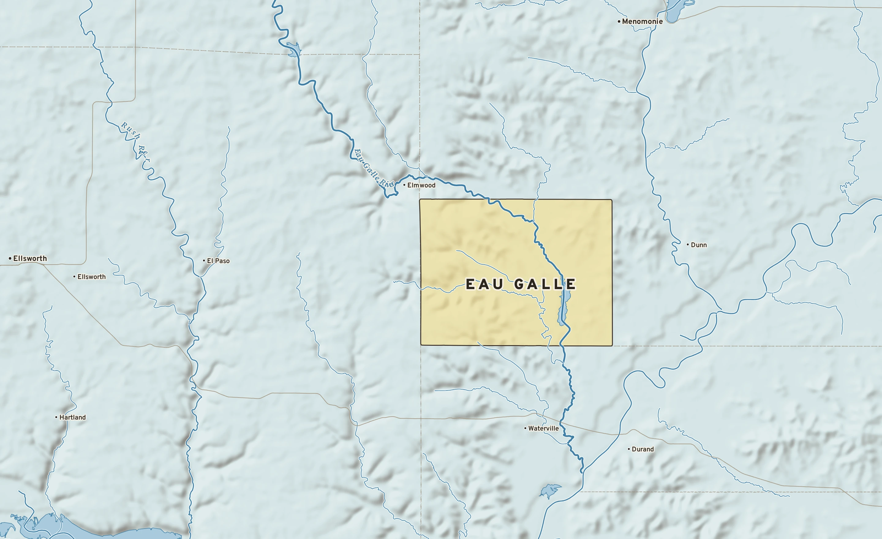 Shaded-relief atlas plate of Eau Galle, Wisconsin: rivers, roads, the city limits and where the water drains.