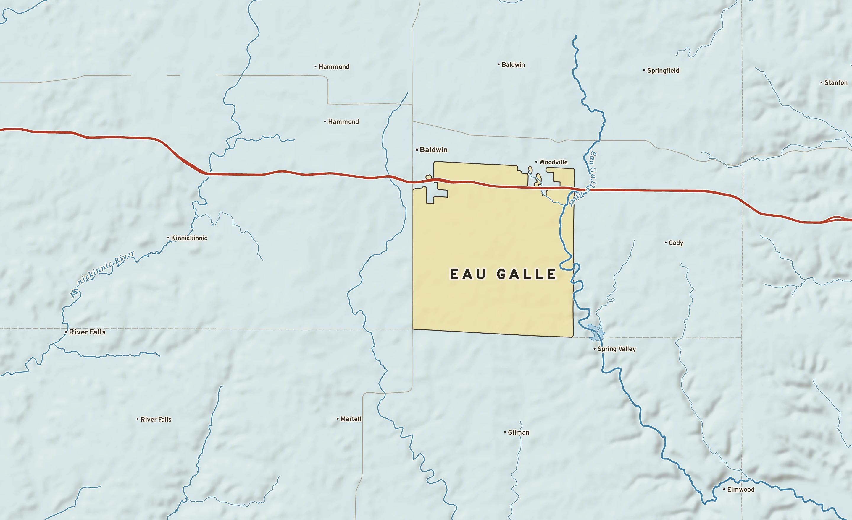 Shaded-relief atlas plate of Eau Galle, Wisconsin: rivers, roads, the city limits and where the water drains.