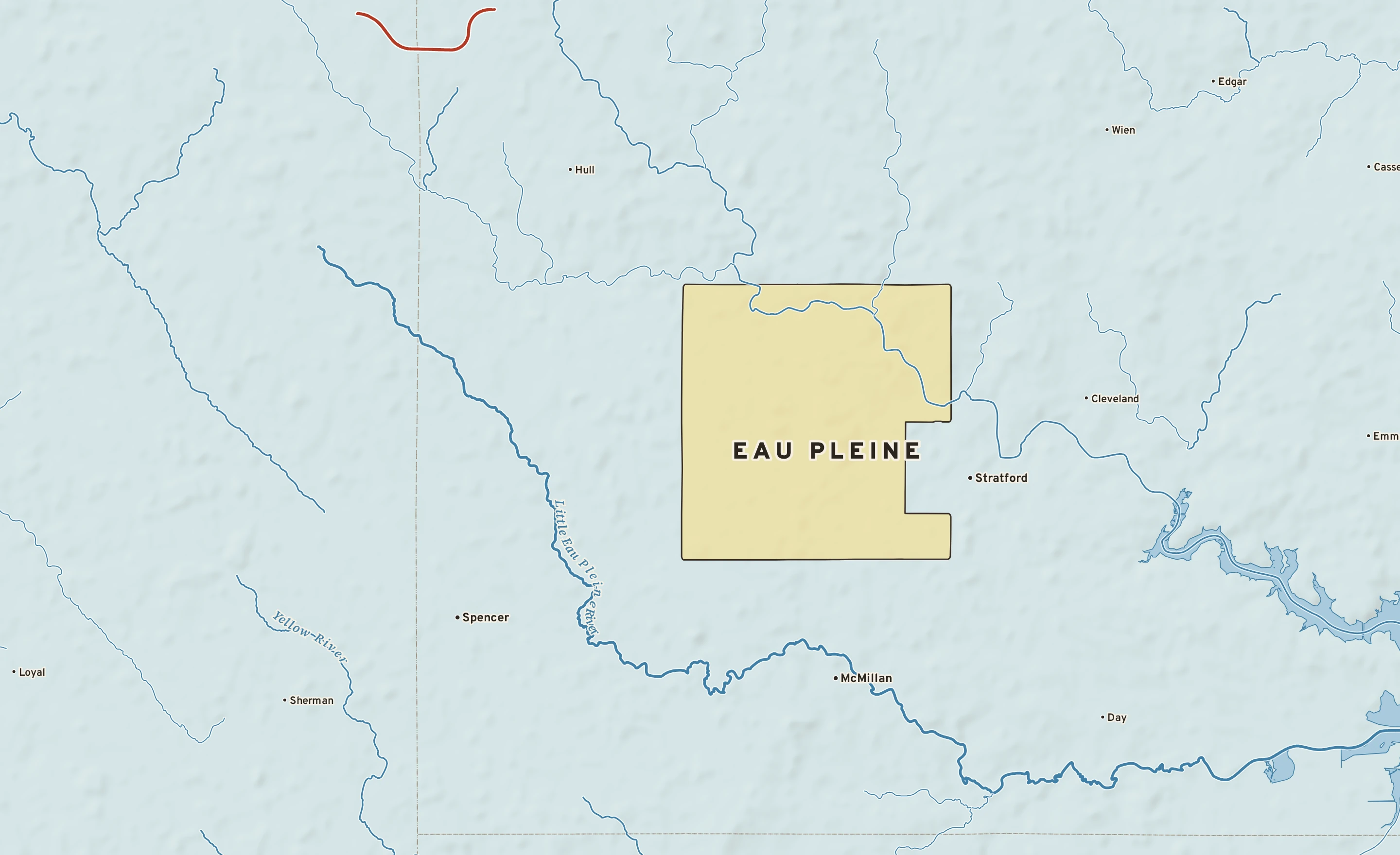 Shaded-relief atlas plate of Eau Pleine, Wisconsin: rivers, roads, the city limits and where the water drains.