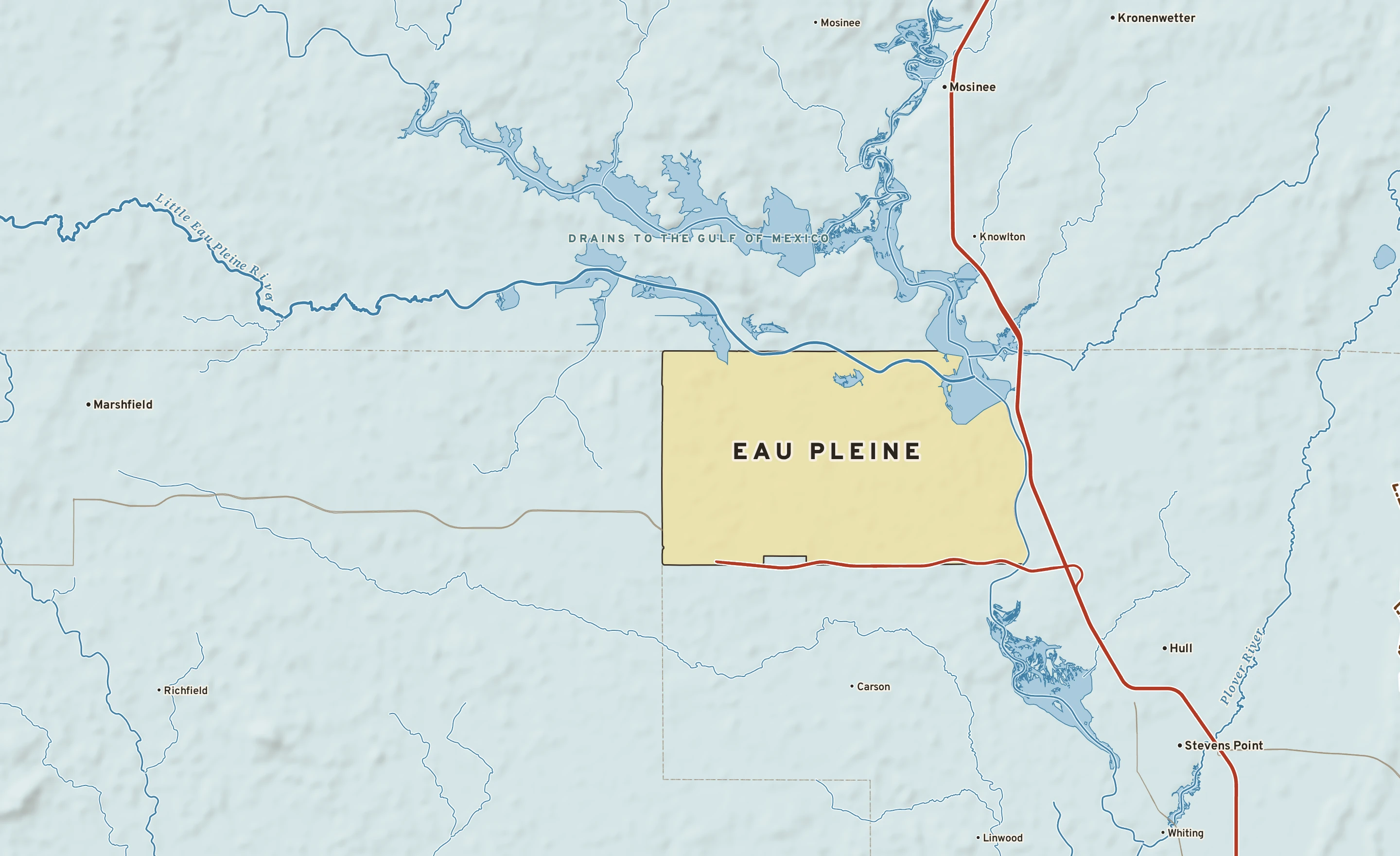 Shaded-relief atlas plate of Eau Pleine, Wisconsin: rivers, roads, the city limits and where the water drains.