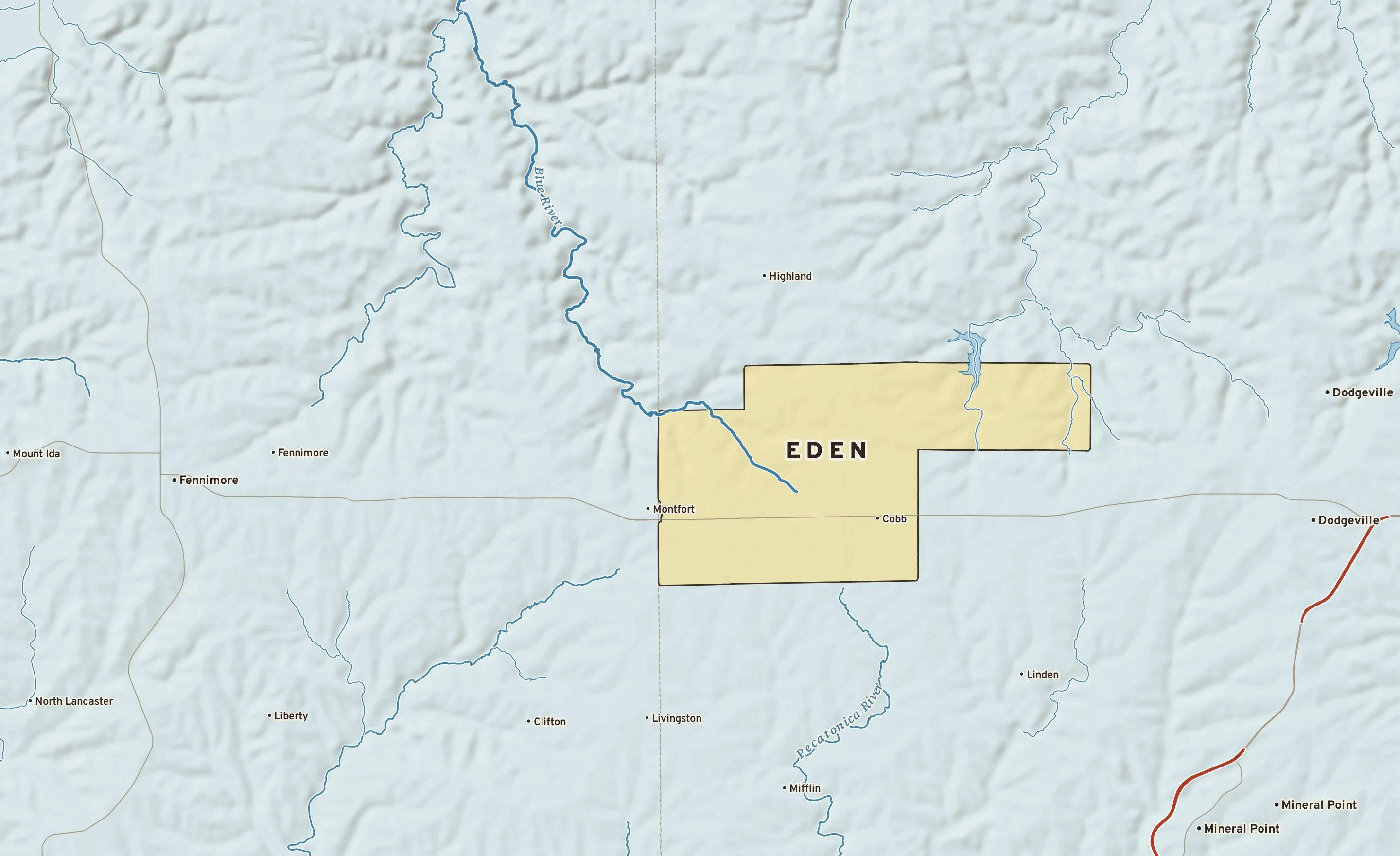 Shaded-relief atlas plate of Eden, Wisconsin: rivers, roads, the city limits and where the water drains.