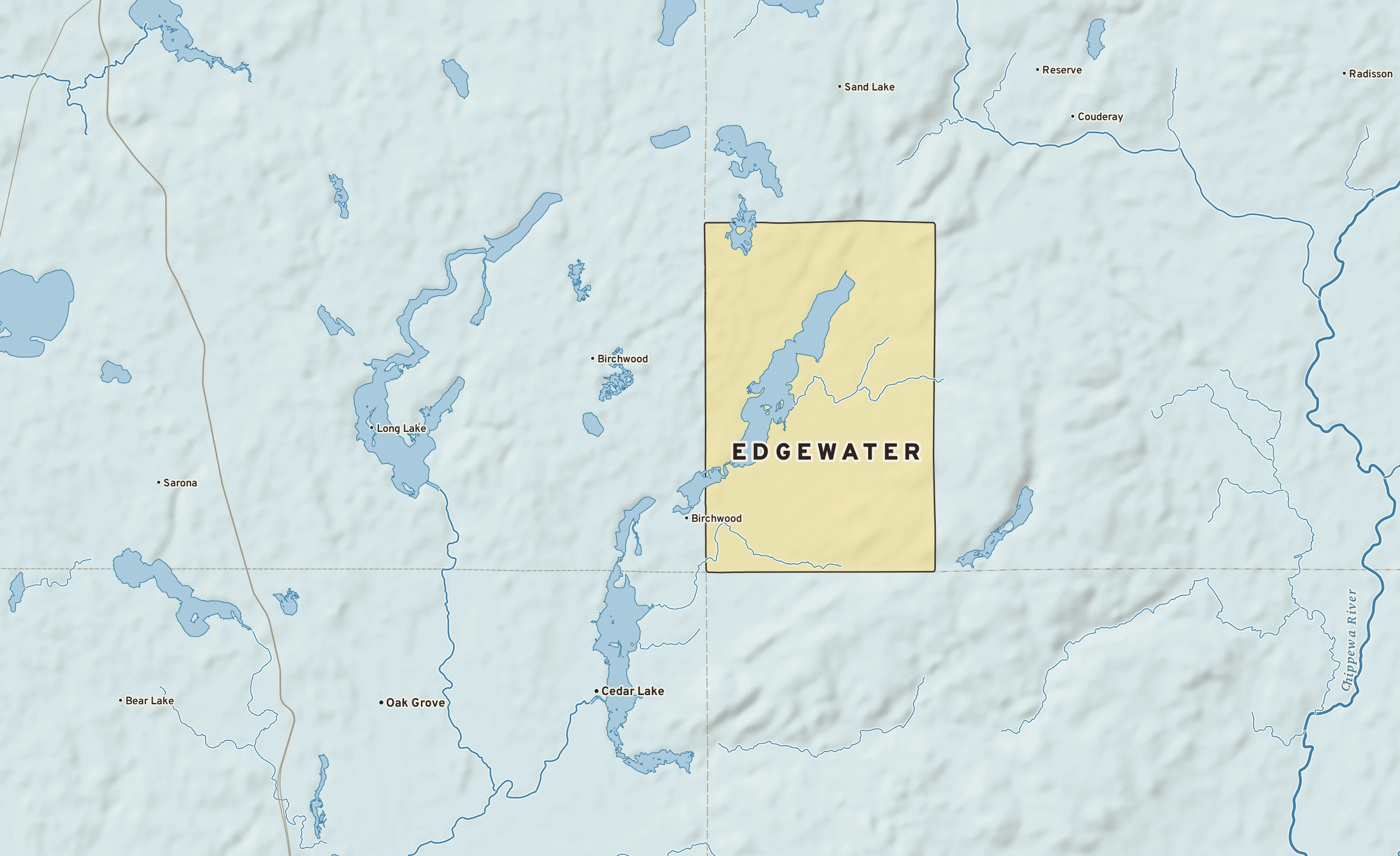 Shaded-relief atlas plate of Edgewater, Wisconsin: rivers, roads, the city limits and where the water drains.