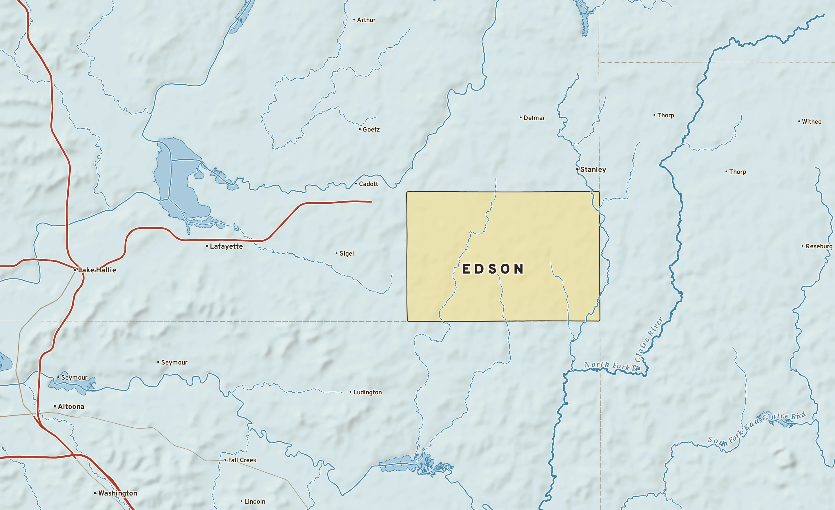 Shaded-relief atlas plate of Edson, Wisconsin: rivers, roads, the city limits and where the water drains.
