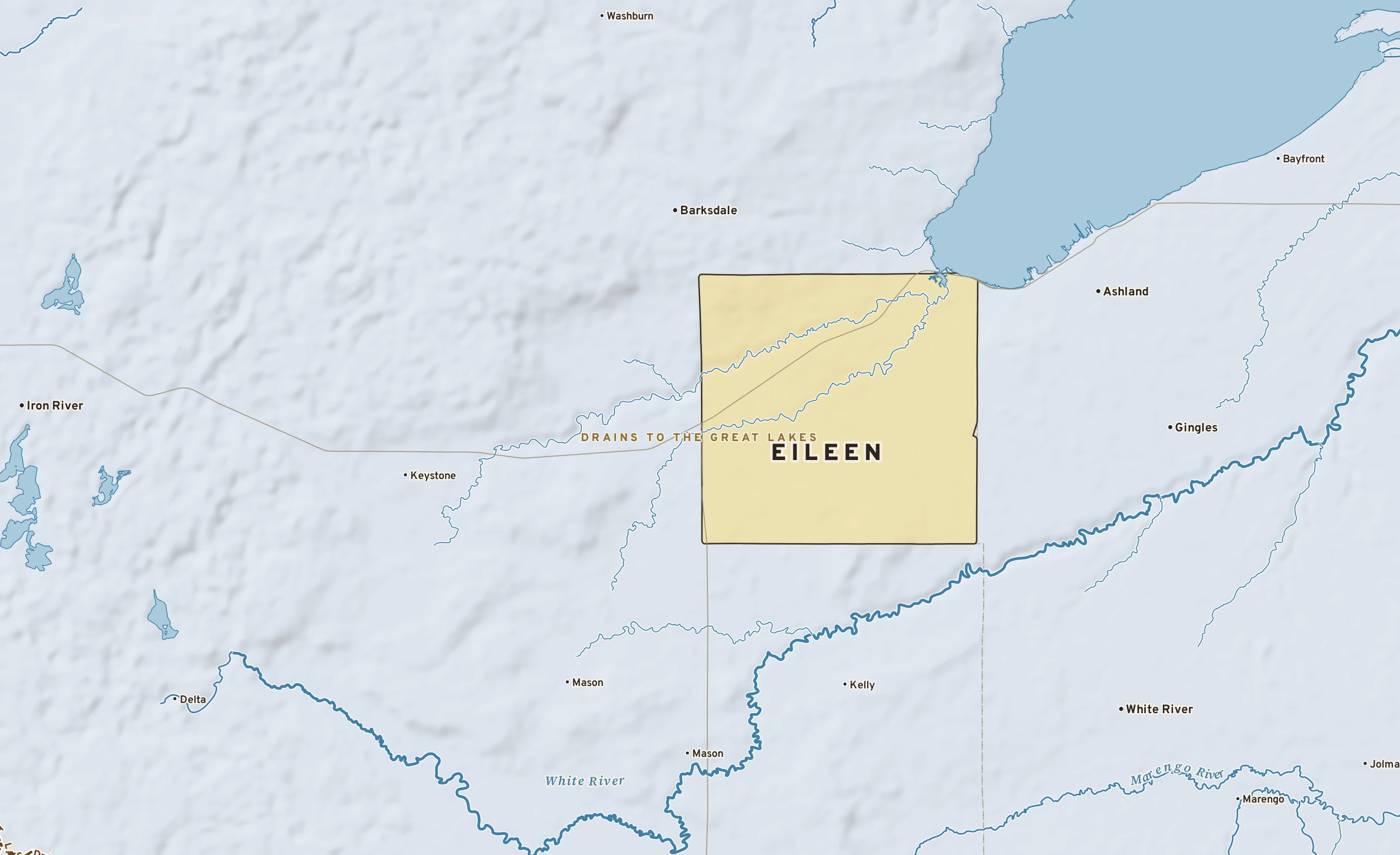 Shaded-relief atlas plate of Eileen, Wisconsin: rivers, roads, the city limits and where the water drains.