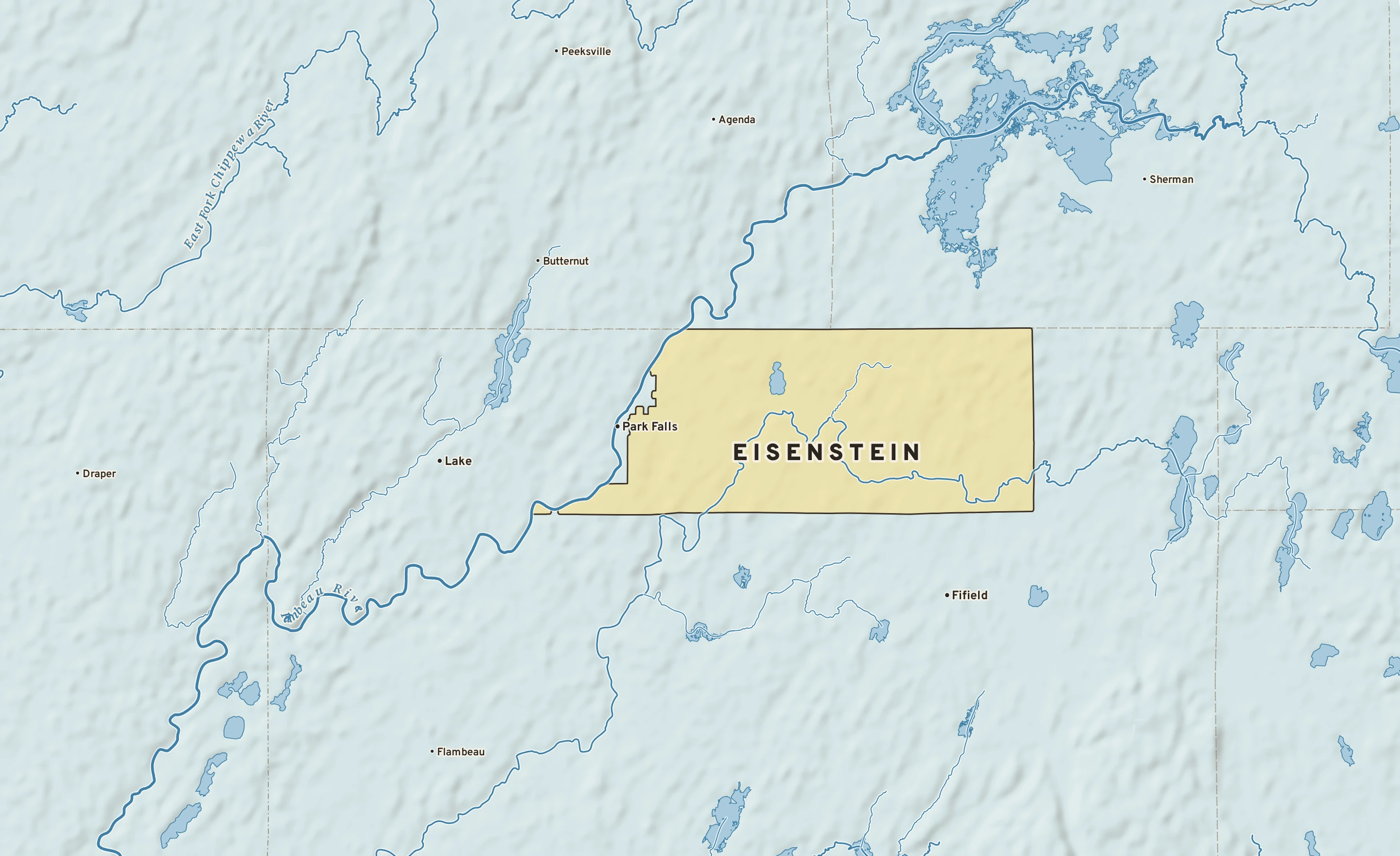Shaded-relief atlas plate of Eisenstein, Wisconsin: rivers, roads, the city limits and where the water drains.
