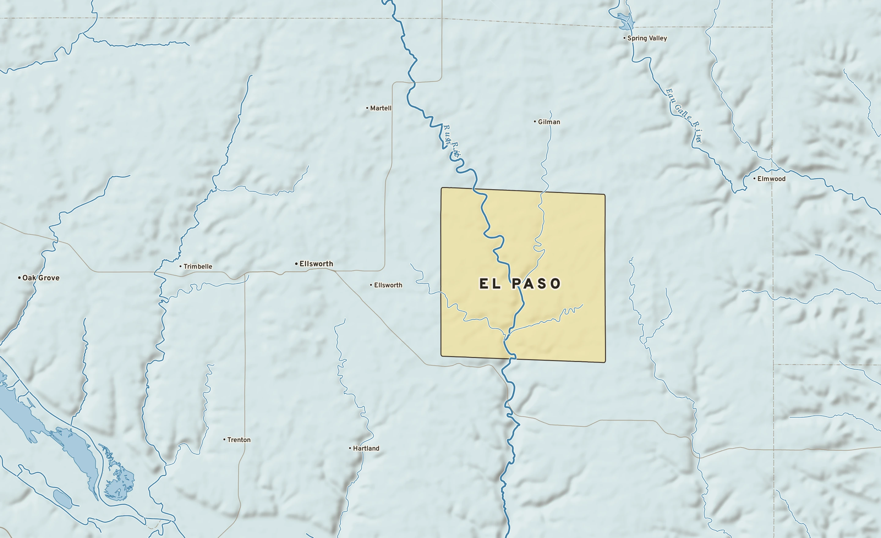 Shaded-relief atlas plate of El Paso, Wisconsin: rivers, roads, the city limits and where the water drains.
