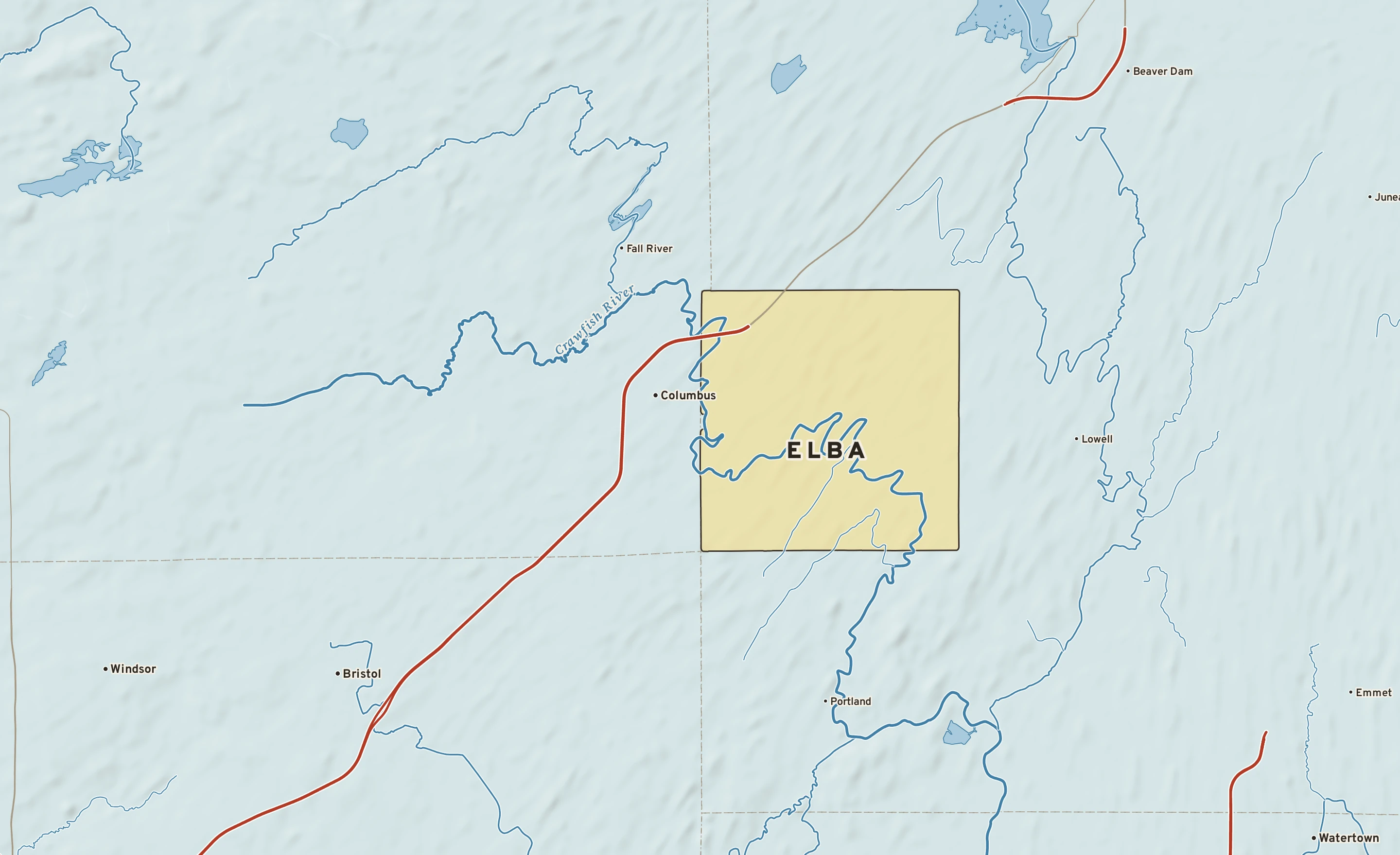 Shaded-relief atlas plate of Elba, Wisconsin: rivers, roads, the city limits and where the water drains.